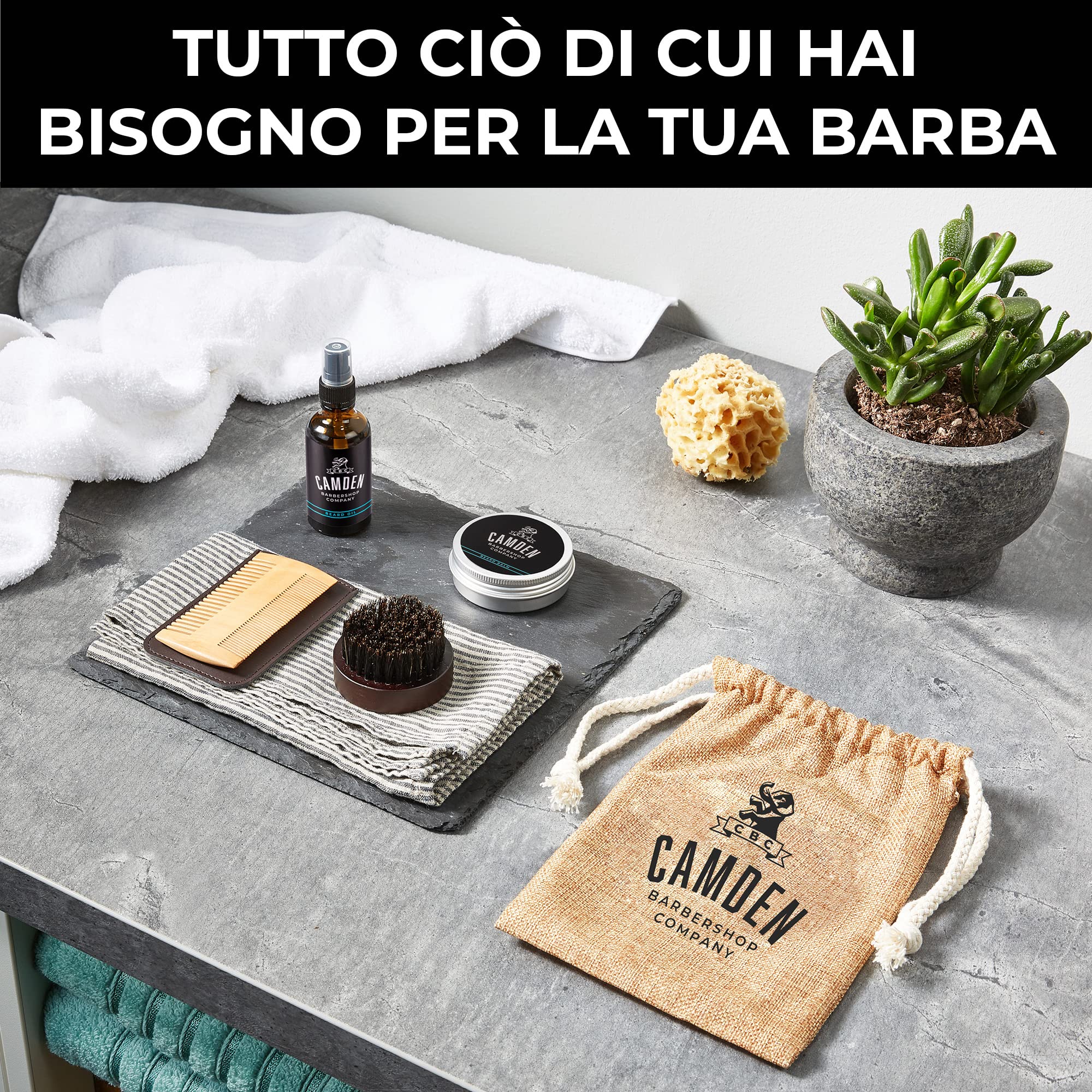 Camden Kit Barba Uomo ● Set Prodotti 100% Naturali per la Cura della Barba ● Olio, Balsamo, Spazzola e Pettine ● Regalo Uomo