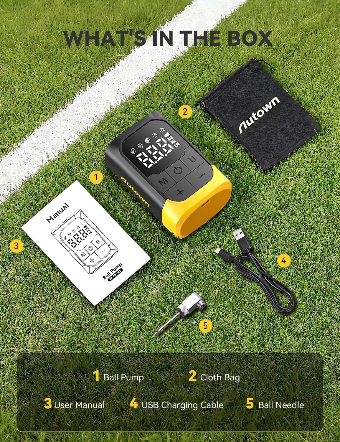 AUTOWN Smart Electric Ball Pump for Sports Balls, 17 PSI High-Pressure Basketball Pump with 2600mAh Battery, Digital LCD Display & Accurate Pressure Gauge, Fast Inflation & Deflation for Soccer, Rugby