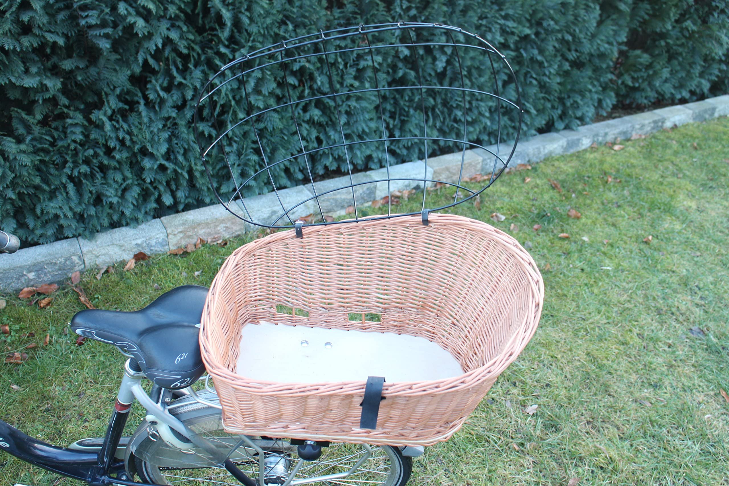 Panier de vélo pour chien - En osier - Avec grille métallique - Naturel - XL ou XXL - Panier de porte-bagages (XXL sans coussin)