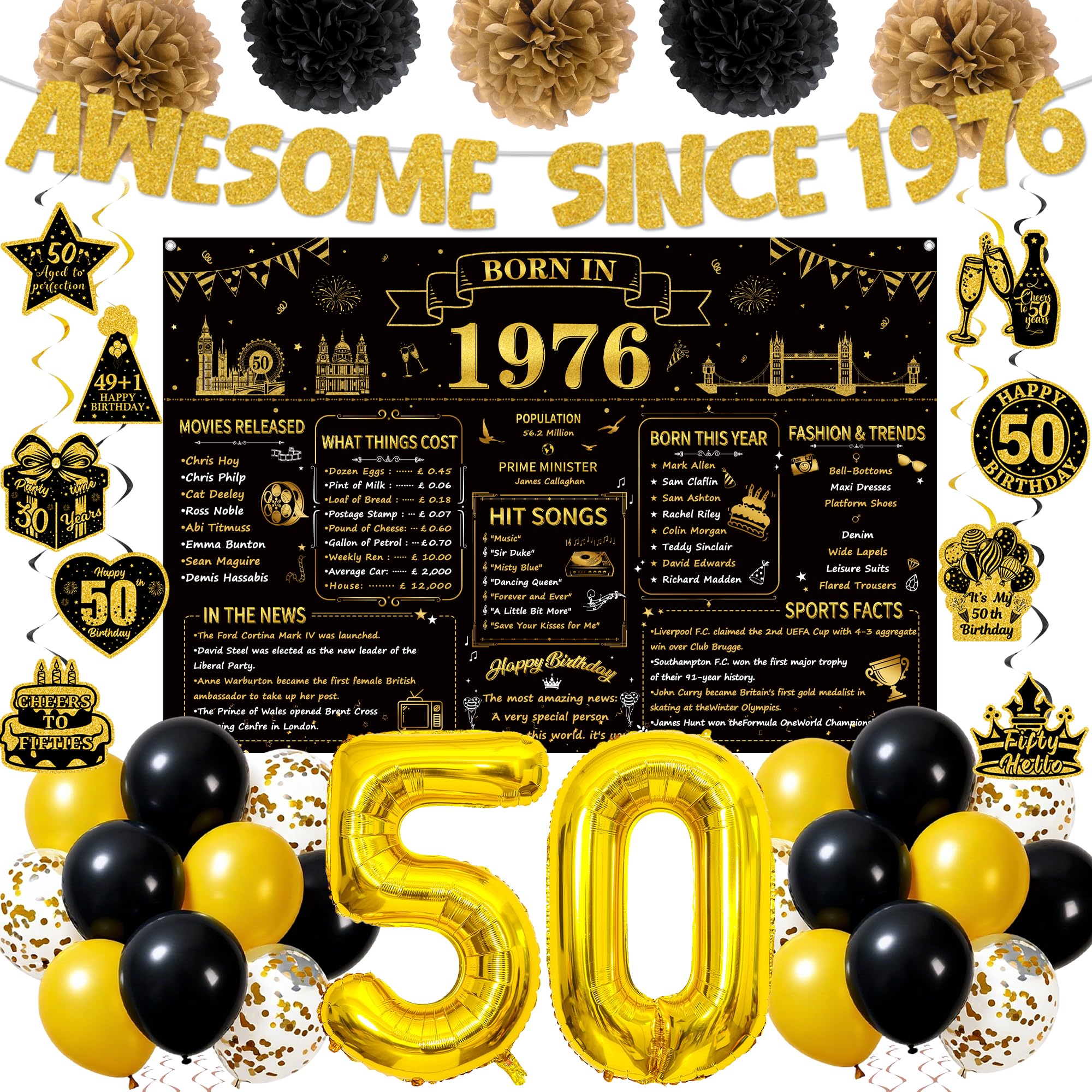 50th Birthday Decorations Men Women - Awesome Since 1976 Banner Backdrop Number 50 Balloons, Paper Pom Poms and Hanging Swirls for 50 Year Old Birthday Party Supplies