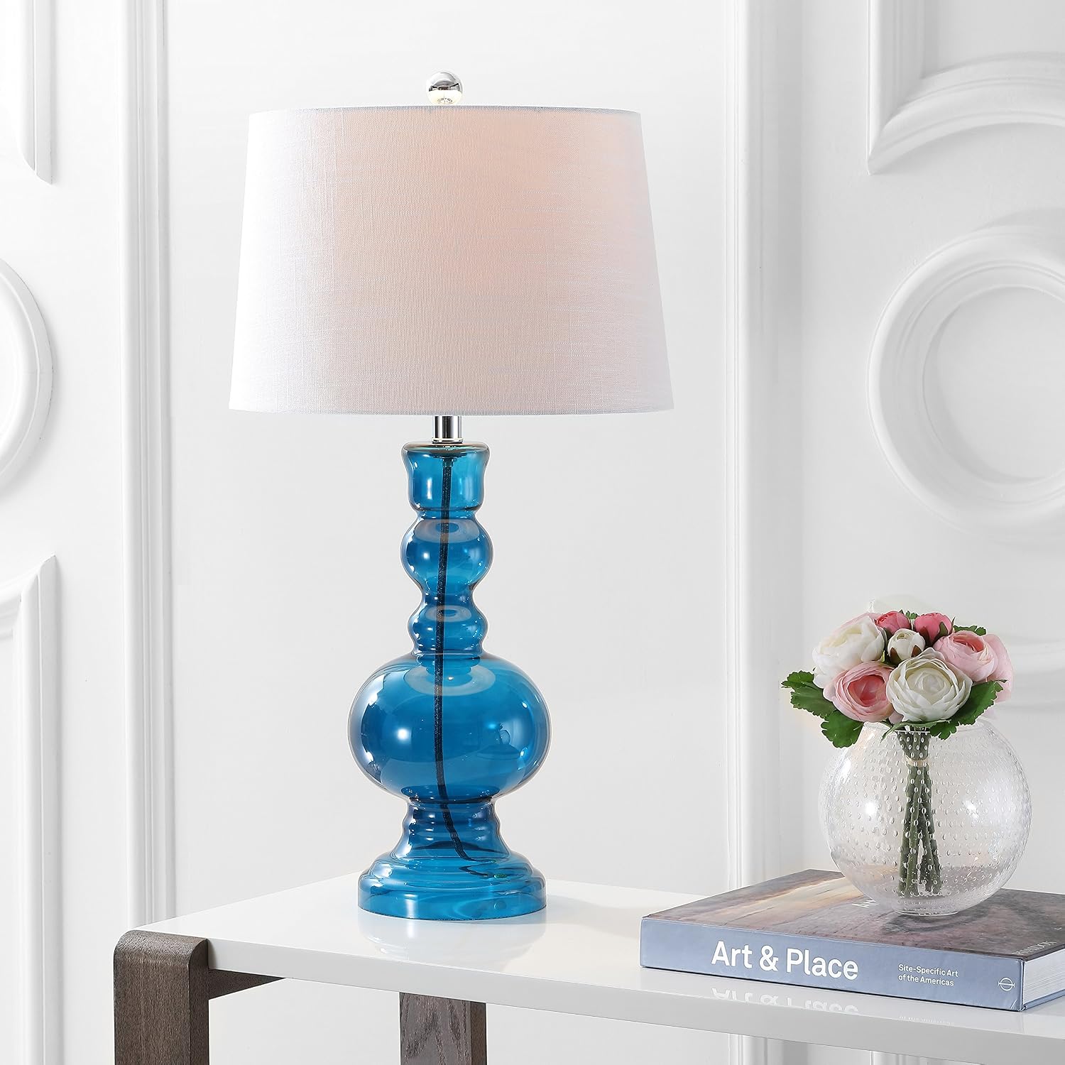 Eyely EYL1061C-SET2 Owen 28.5" Glass LED Table Lamp for Reading Room, Living Room, Office, Bedroom, Contemporary, Transitional, Night Blue (Set of 2)