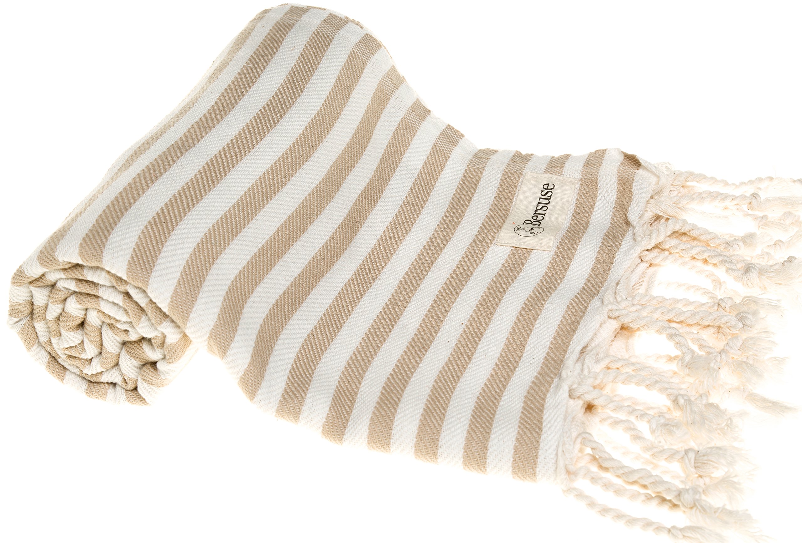 Bersuse 100% Coton - Malibu Serviette Turque - Drap de Bain, Serviette de Plage - Fouta Peshtemal - Oeko-TEX - 95x175 cm, Beige