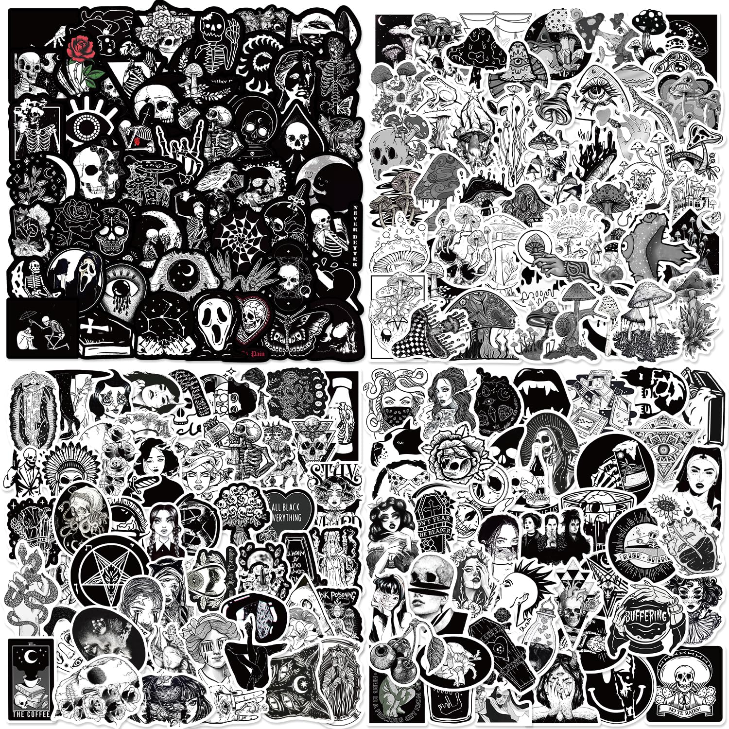 200Pcs Goth Stickers Pack, Black and White Sticker, Cool Skull Stickers for Adults Mens Teens Girls, Waterproof Vinyl Horror Decals for Water Bottle