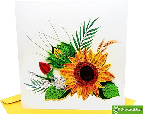 Miniatura 3 de Greenhandshake Tarjeta Quilling de girasol, 6 x 6 pulgadas, patrón floral, color amarillo, para todas las ocasiones, incluye sobre