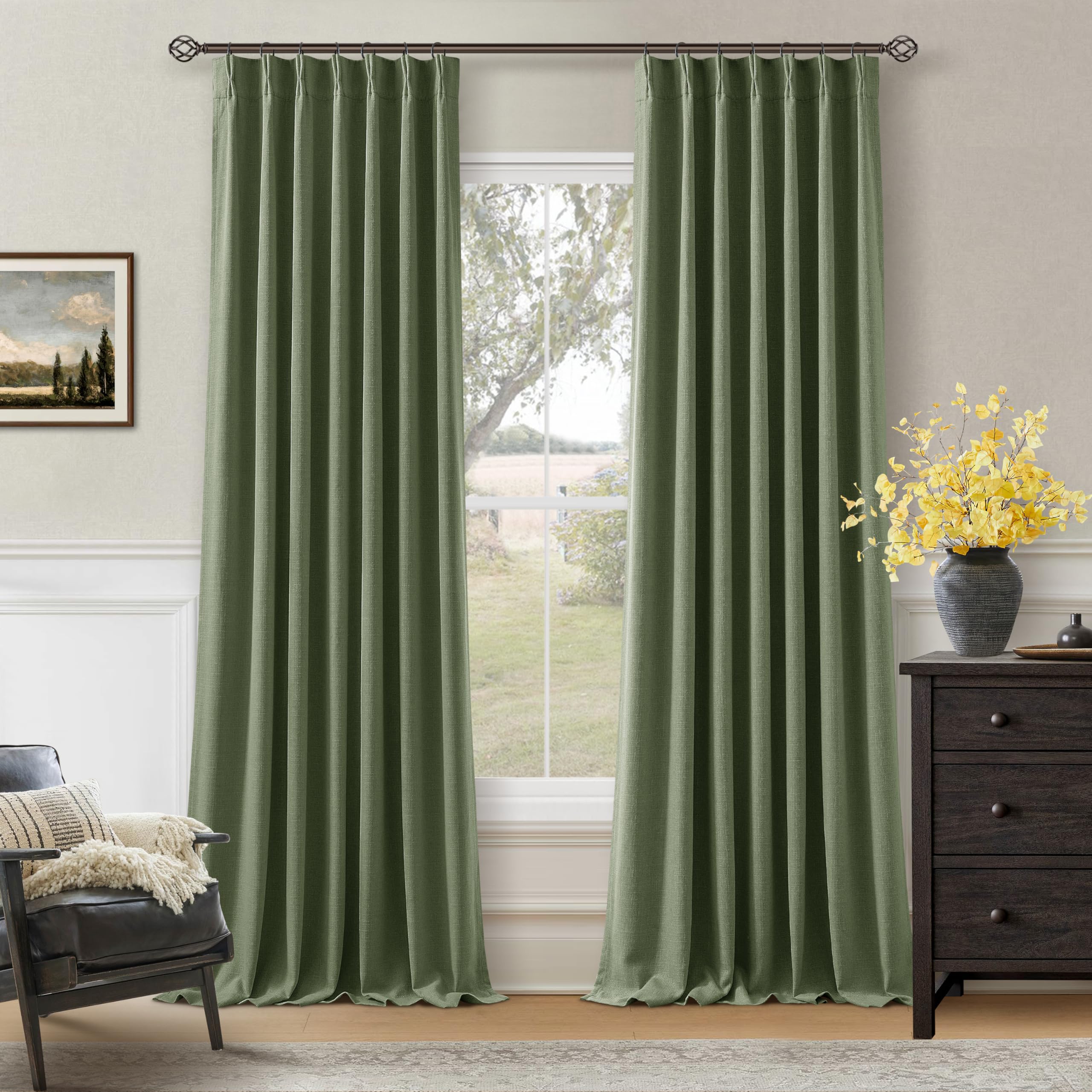 Pleated Blackout Olive Green Curtains 96 Inches Long 2 Panels Set for Bedroom Living Room Darkening Linen Blend Back Tab Pinch Pleat Memory Shape with Liner Soundproof 96 Inch Window Curtains โ image 1