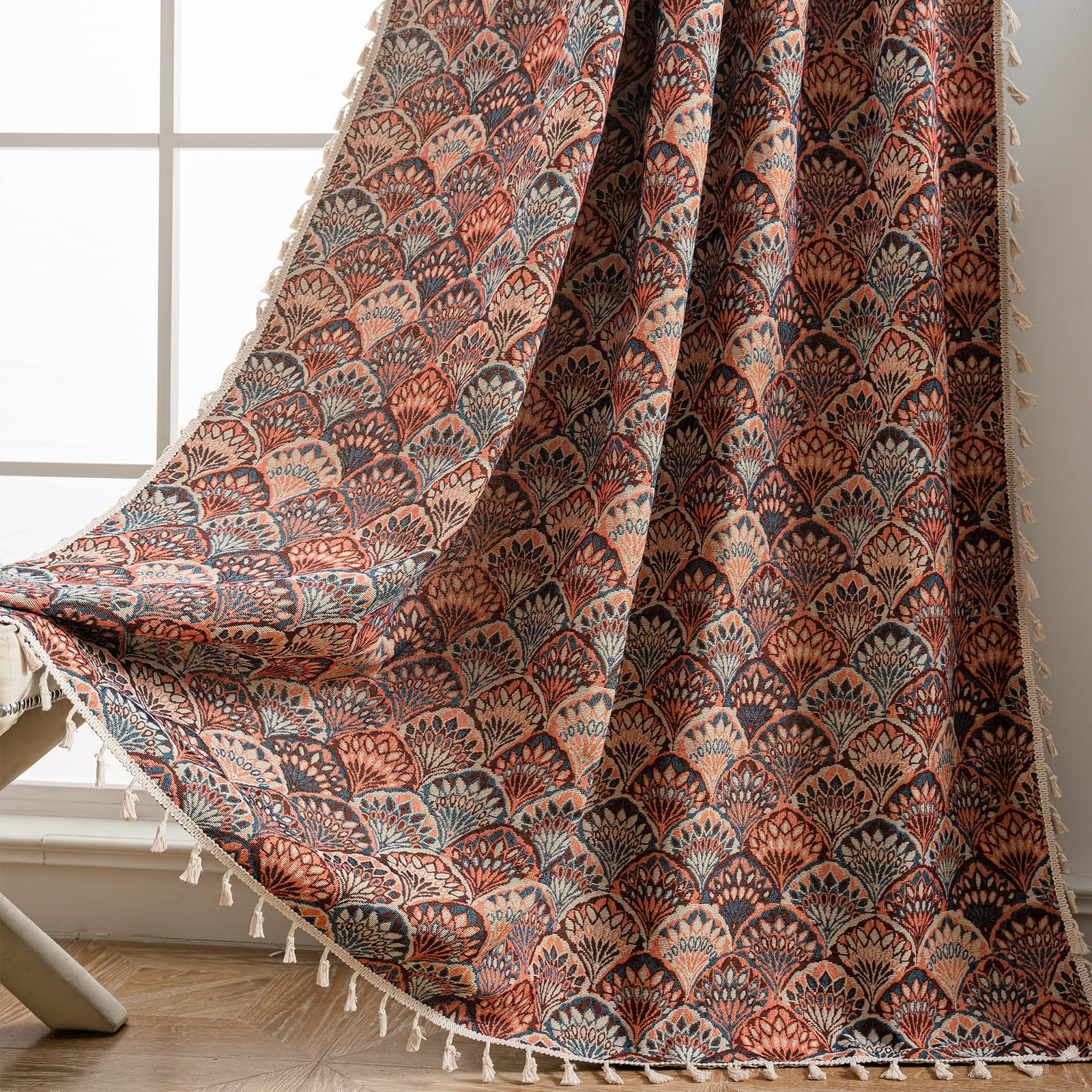 USTIDE Semi-Blackout Jacquard Curtains Floor Length for Bedroom 1 Panel - Rod Pocket Vintage Window Treatment with Ginkgo Leaf Pattern Light Filtering for Living Room, Blue, 59" W x 87" L — image 1