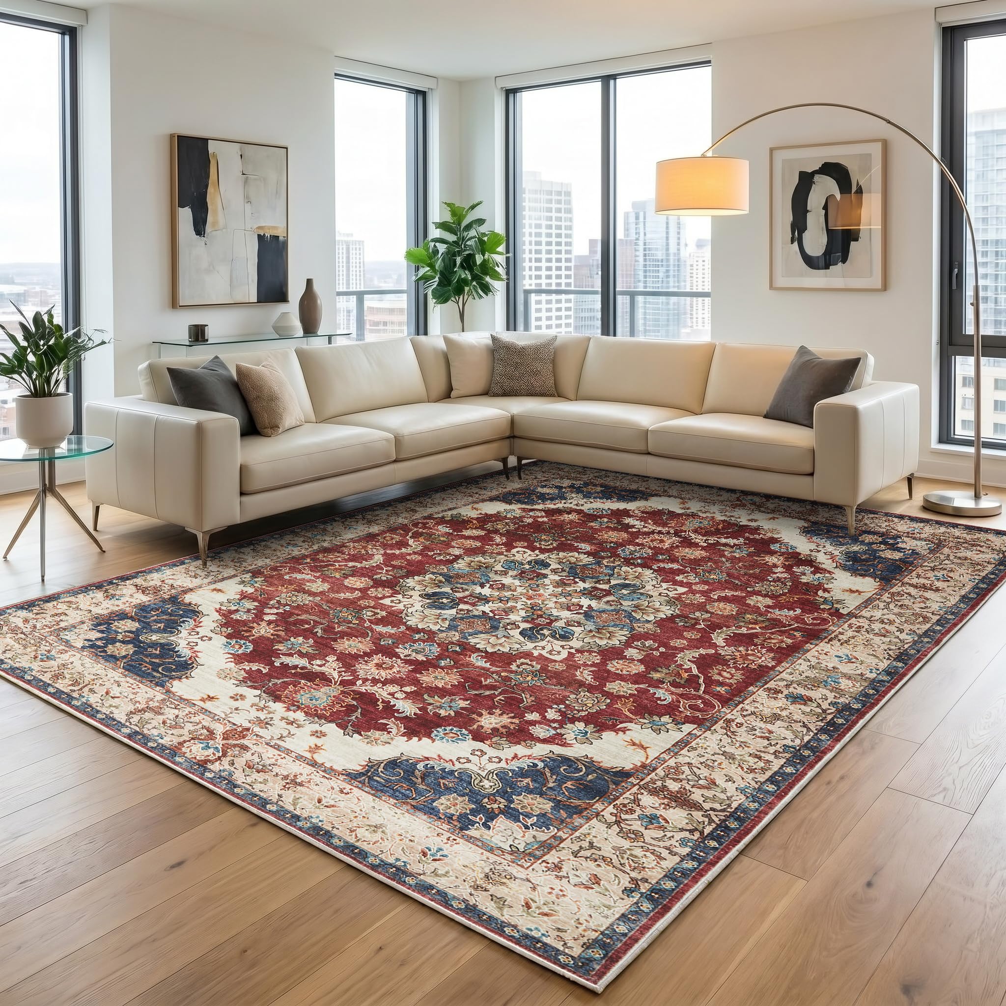 Hafaa Machine Washable Rugs Living Room 120 x 170 cm – Soft Short Pile Large Area Rugs for Bedroom Dining Room, Kitchen Carpet Non Slip Traditional Floral Design Vintage Boho Cashmere Rug, Whisper