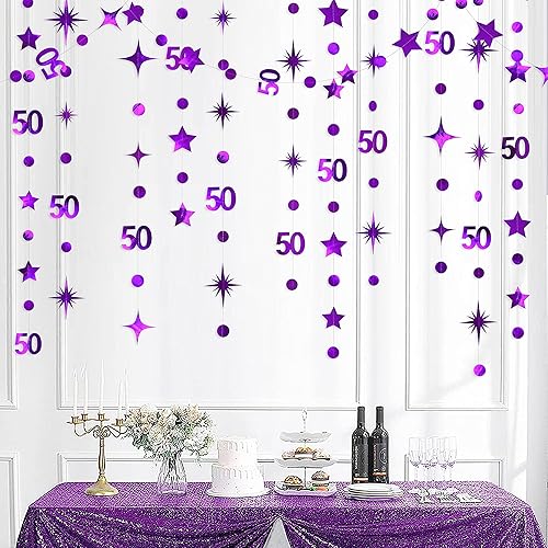 Decoraciones moradas de cumpleaños número 50, guirnalda de estrellas centelleantes con diseño de círculos, guirnalda metálica para colgar en
