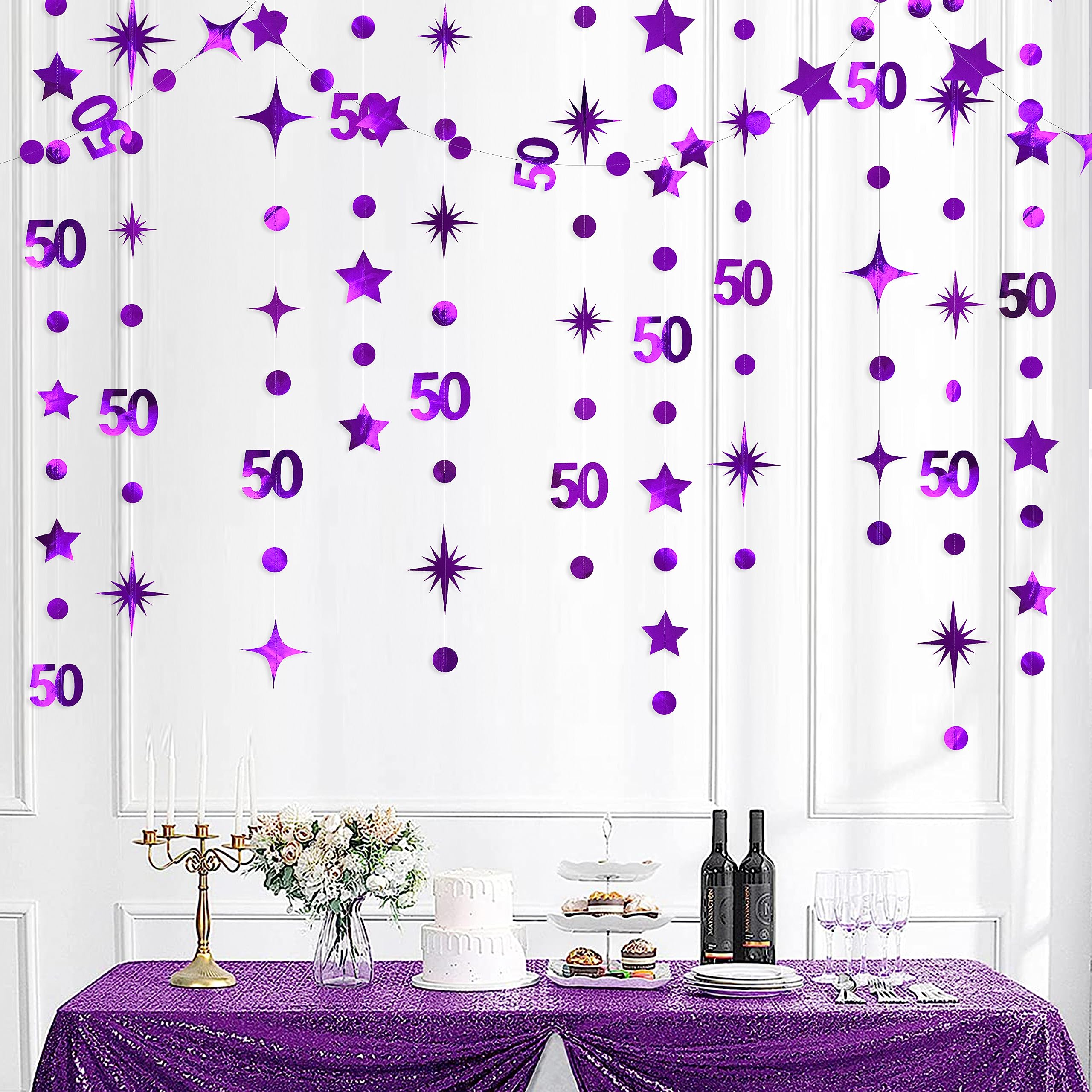 Purple 50th Birthday Decorations Number 50 Circle Dot Twinkle Star Garland Metallic Hanging Streamer Bunting Banner Backdrop for 50 Years Old Birthday