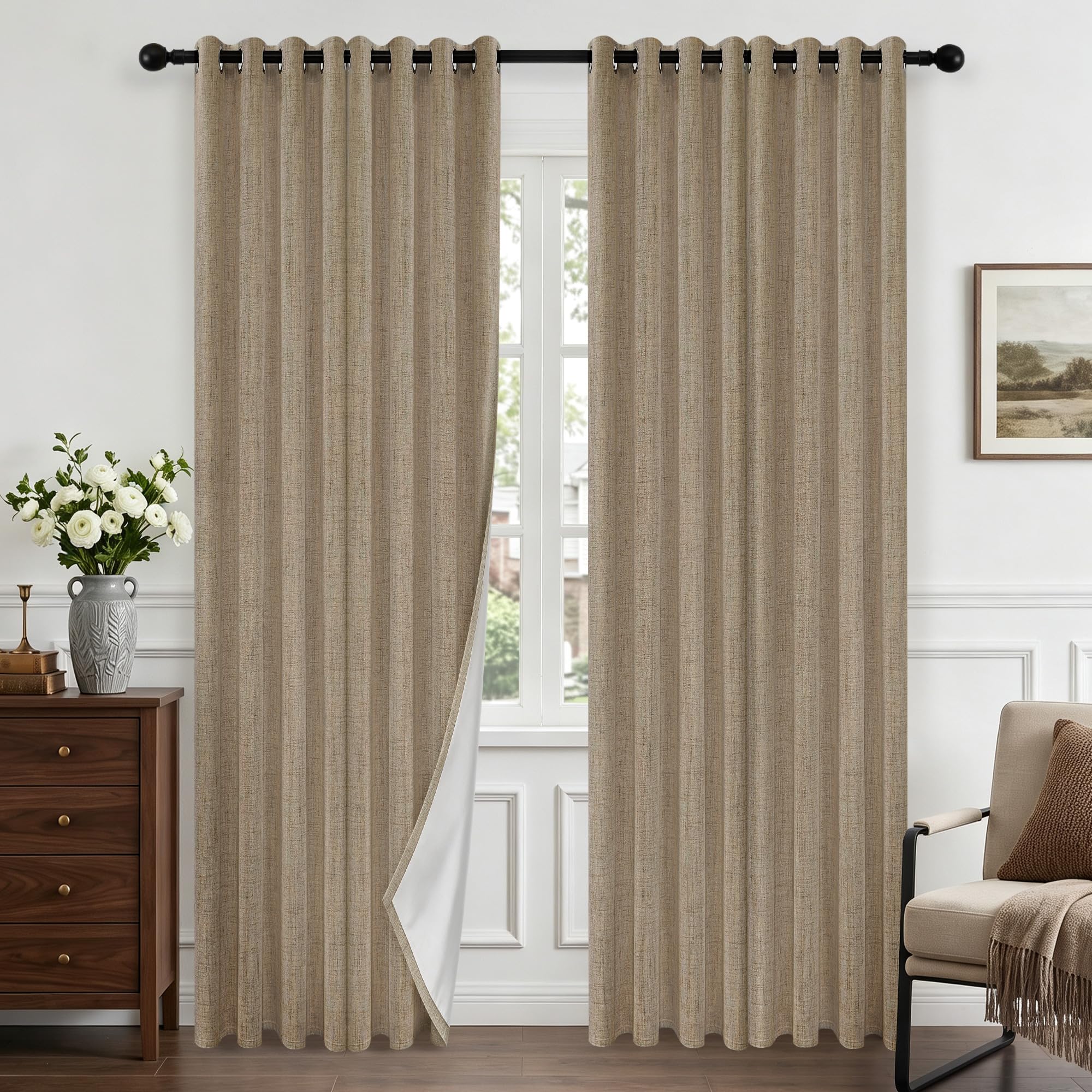 XiDi 100% Blackout Curtains for Bedroom 84 In Drop Linen Look Thermal Insulated Eyelet Drapes with Innovative Coating for Living Room 2 Panels Linen 52/84