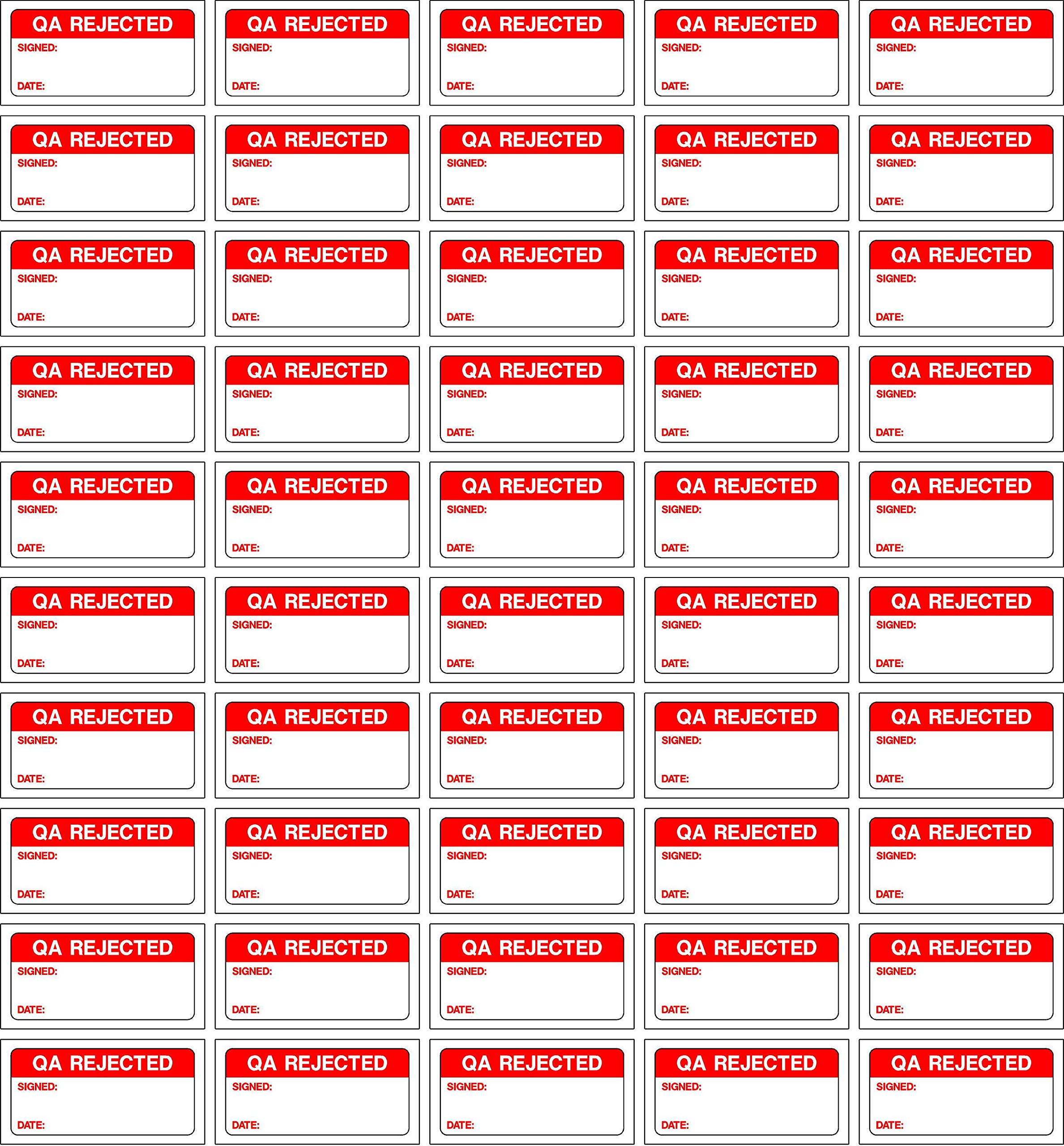 Quality control labels QA Rejected signed and date - 50 Stickers 40mm x 20mm