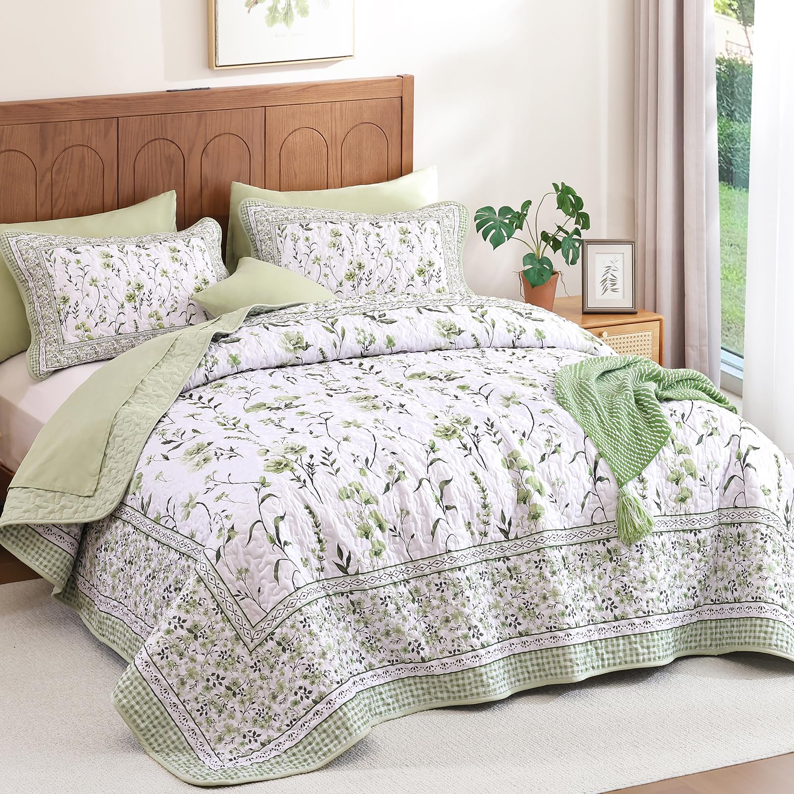 WONGS BEDDING Bettwäsche-Set mit Blumenmuster, Queen-Size-Größe, Salbeigrün, Tagesdecken-Set mit 2 Kissenbezügen, Mikrofaser, leicht, Blumen, botanische Bettwäsche-Sets für alle Jahreszeiten (243,8 x