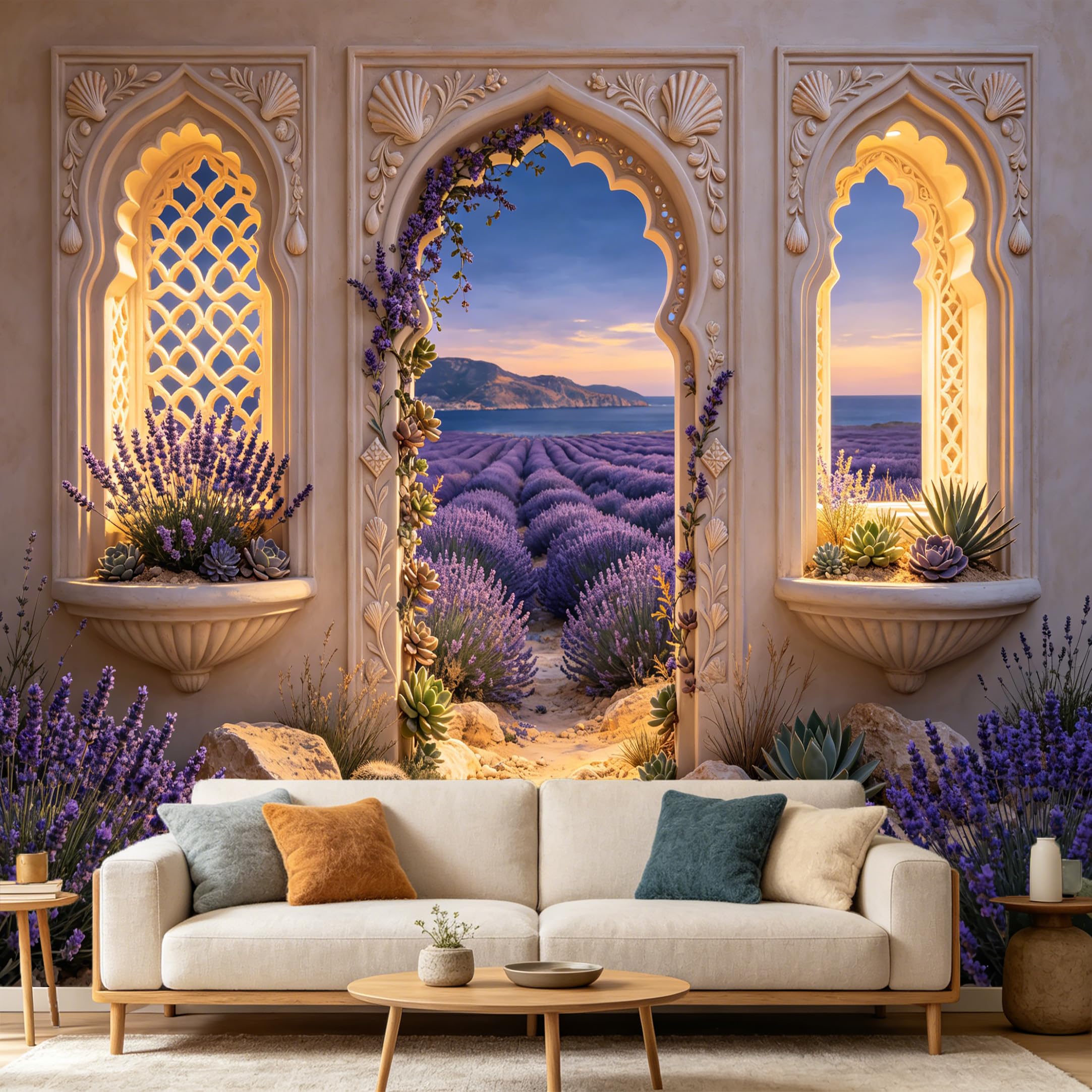 Custom Size Wall Mural， Mediterranean Provence Lavender Field Arch Window 3D Landscape， SelfAdhesive Art Prints wall Fabric Removable Large Wallpaper Home Living Room Decor