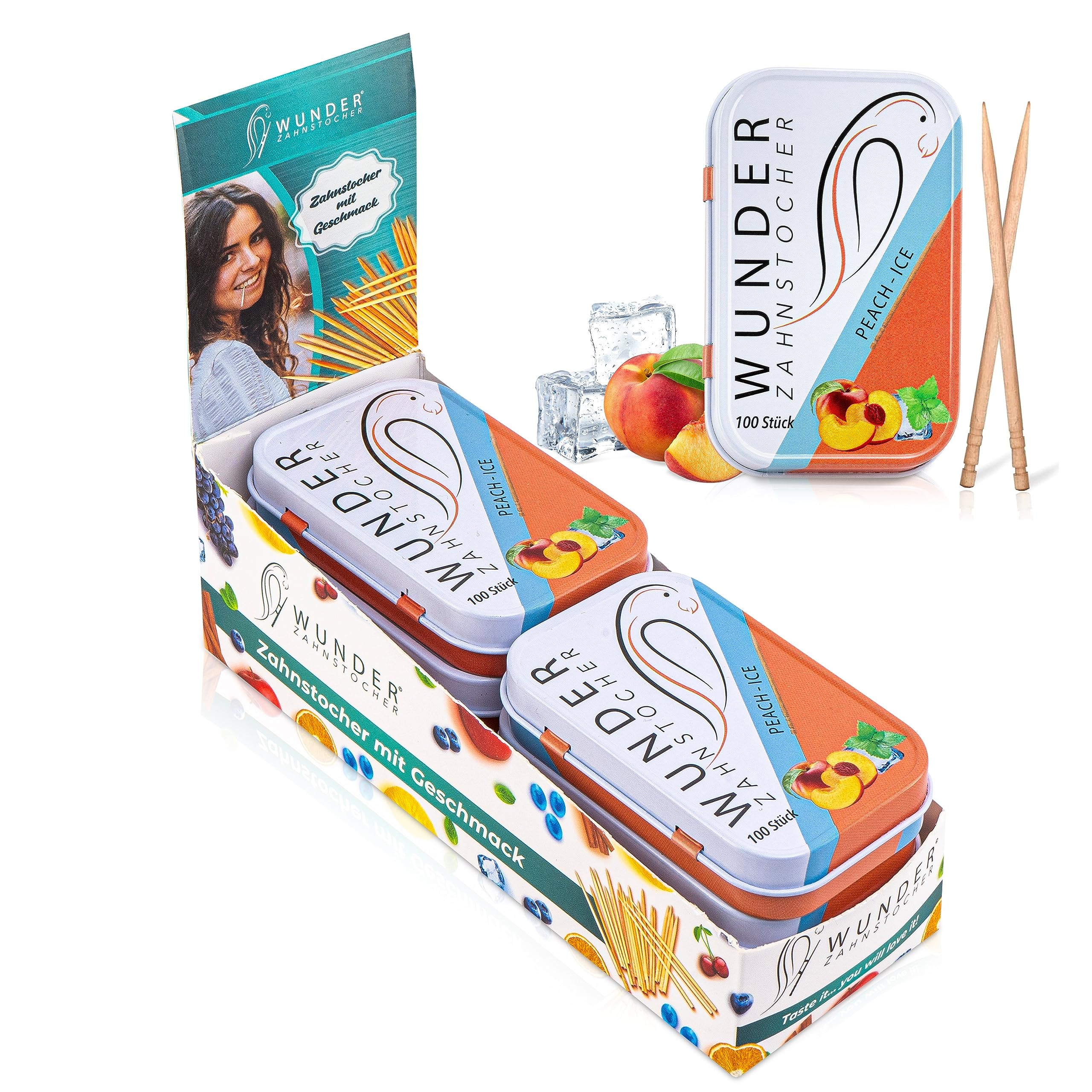 Wunder wykałaczki (6 sztuk) - wykałaczki ze smakiem - świeży oddech - higiena jamy ustnej - Tasty Toothpicks (brzoskwinia/lód)