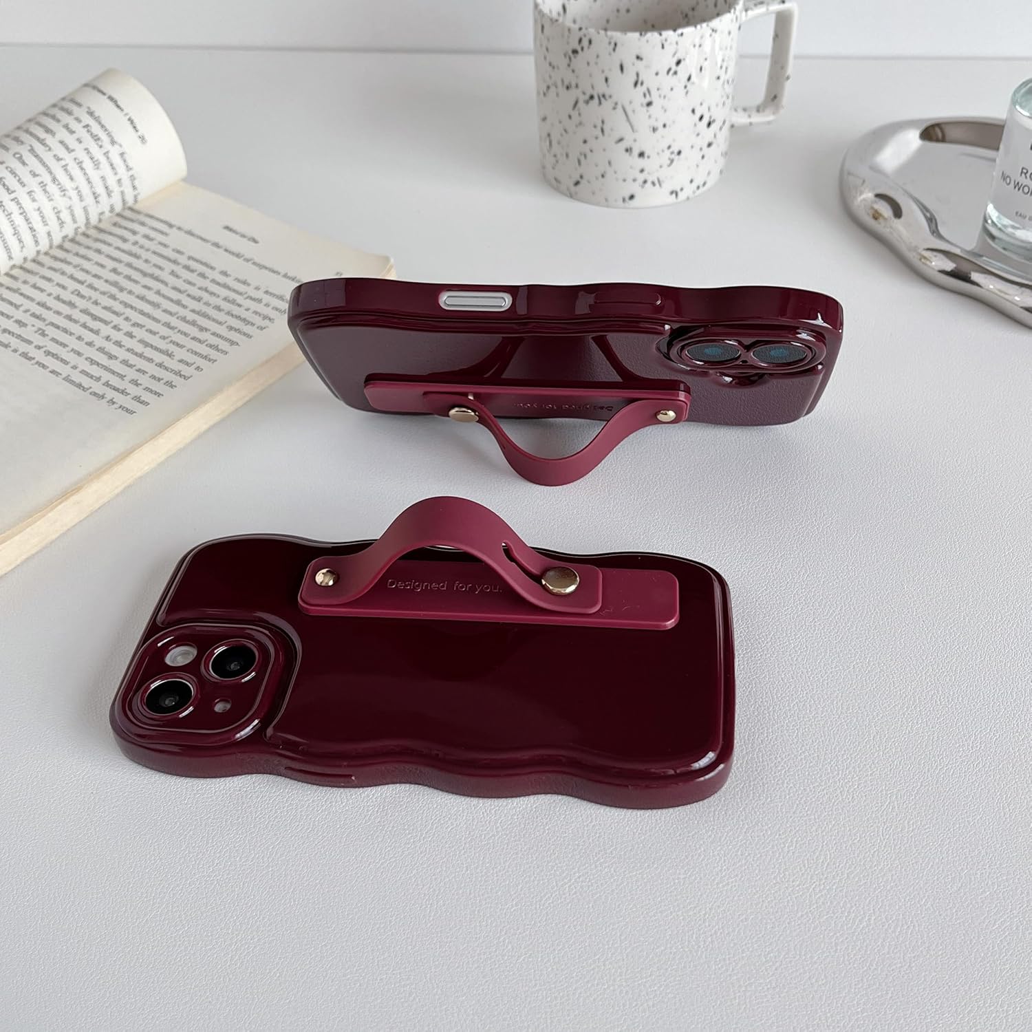 FABSPARK Phone Case for iPhone 14 with Flexible Adjustable Soft Finger Hand Wrist Strap Holder Kickstand,Wave Design Wavy Frame Silicone Aesthetic for iPhone 14 Phone Case,Wine Red - Image 4
