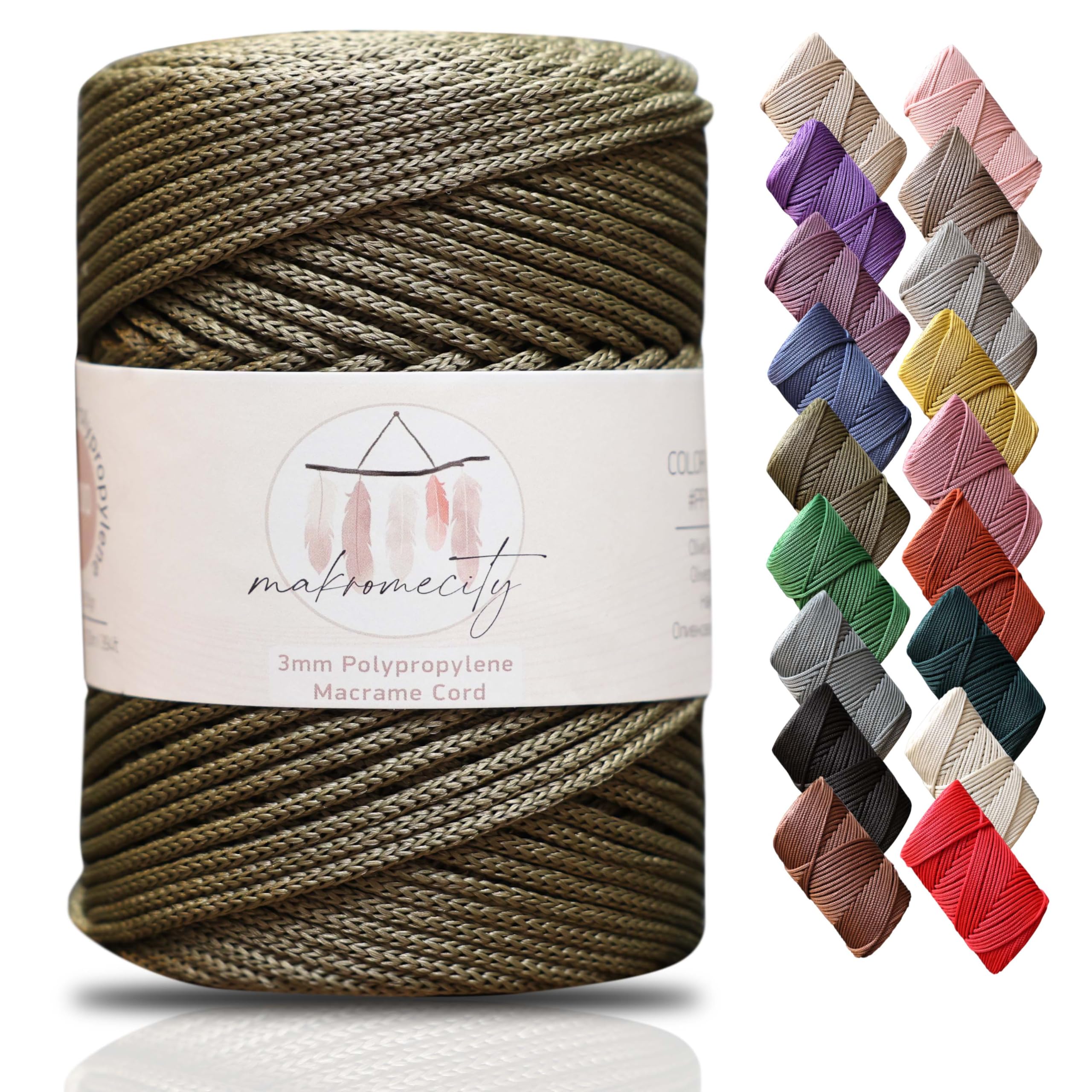 Makromecity Premium Polyester Macrame Cord, 3mm x 131 Yards (394 ft / 120m), Polypropylene, Olive Drab, Macrame Cord for Wall Hangings, Bags, Underplate, Rug, Crochet & Knotting