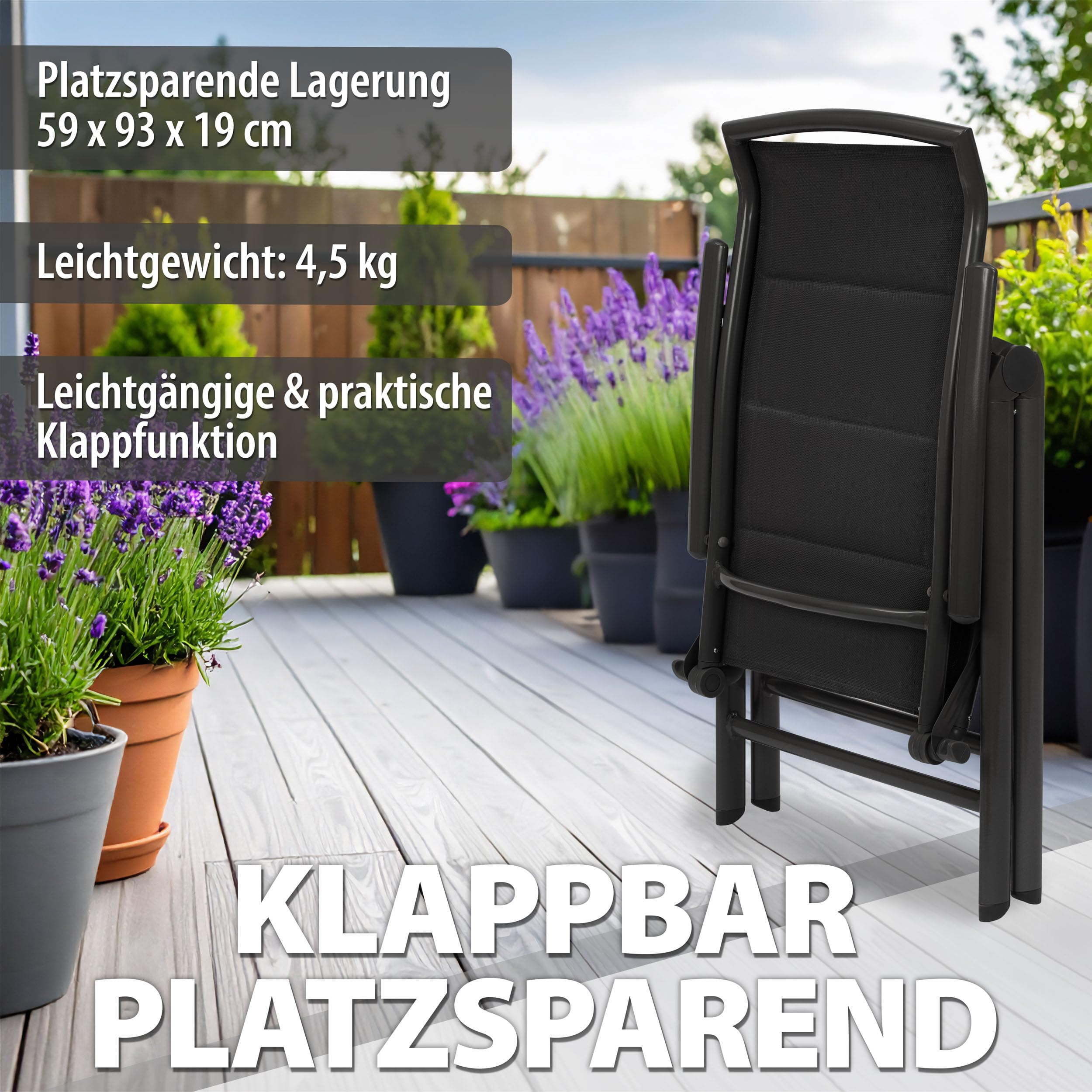 BRUBAKER 2er Set Gartenstühle Milano - Gepolsterte Klappstühle - 8-Fach verstellbare Rückenlehnen - Stühle aus Aluminium - Wetterfest - Anthrazit | 8-fach verstellbare Rückenlehnen - Stühle aus Aluminium - Wetterfest - Anthrazit