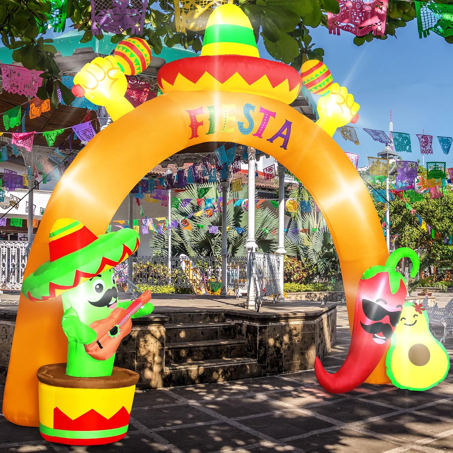 12 FT Cinco De Mayo Inflatables, Giant Blow Up Mexican Fiesta Arch with Inflatable Cactus Peppers Avocado Decor, Lighted Mexican Holiday Inflatables Decorations for Cinco De Mayo Fiesta Party Archway