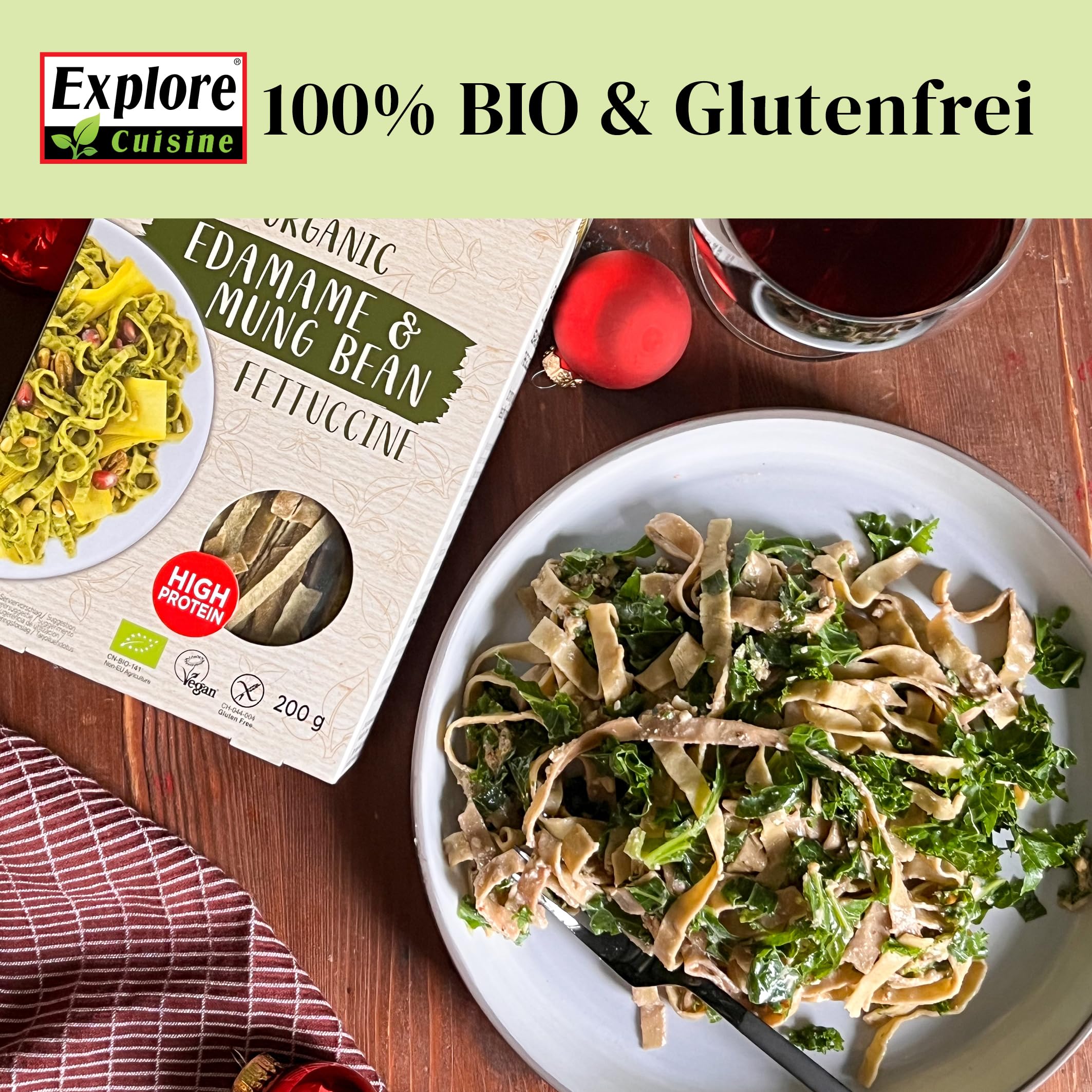Explore Cuisine Bio Fettuccine aus Edamame & Mungobohnen, 6 x 200g | Proteinreich, ballaststoffreich, glutenfrei, low-carb, Vegan, nur 2 Zutaten hergestellt, einfach zuzubereiten, Multipack