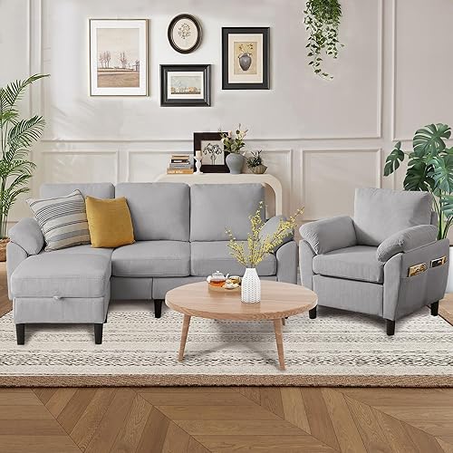 Miniatura 15 de Juego de sofá de pana de 3 piezas para sala de estar con sofá, otomana de almacenamiento y silla individual Gris oscuro,Beige,Negro,Verde,Gris