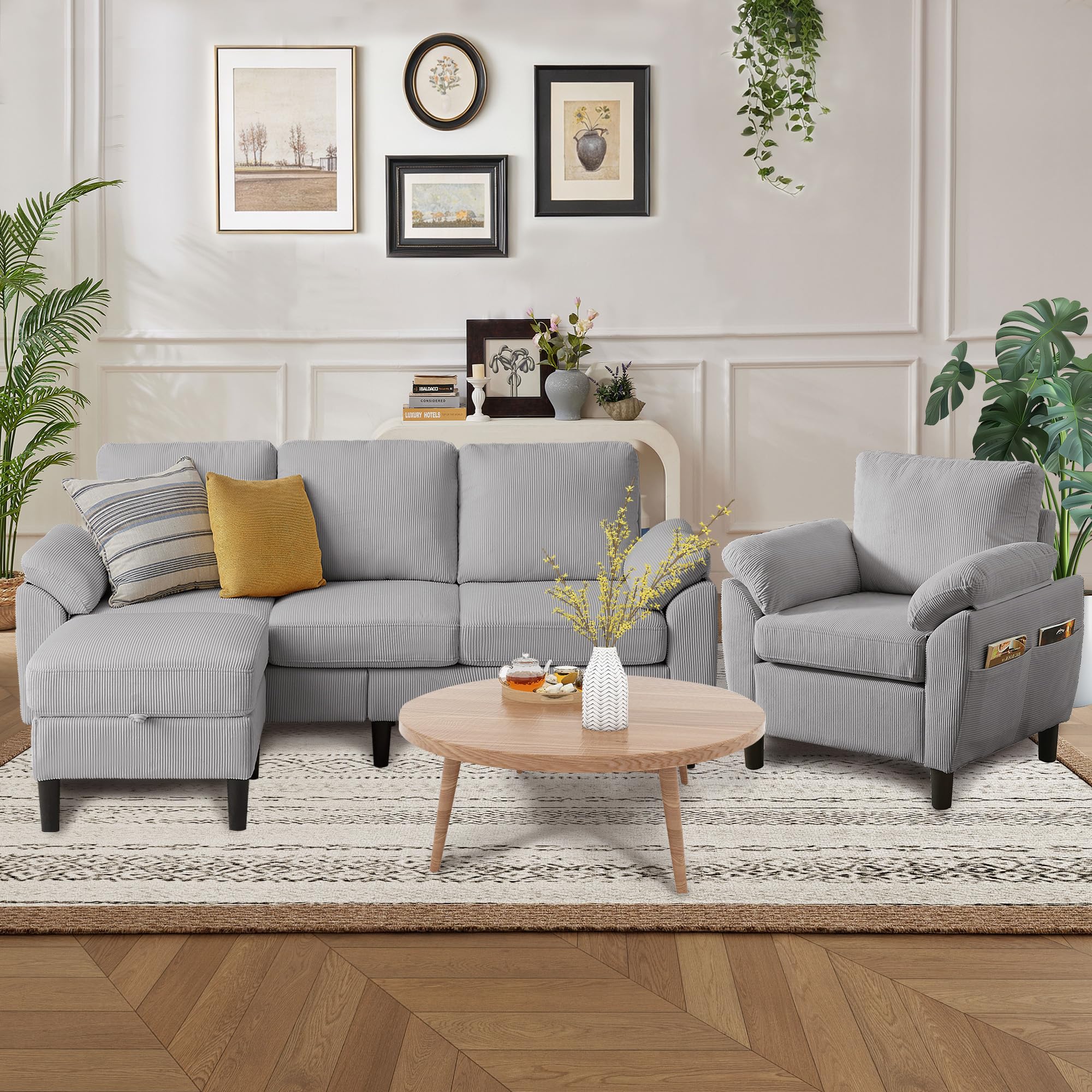 Firmacielu 3 Pieces Corduroy Sofa Set for Living Room with Sofa, Storage Ottoman and Single Chair