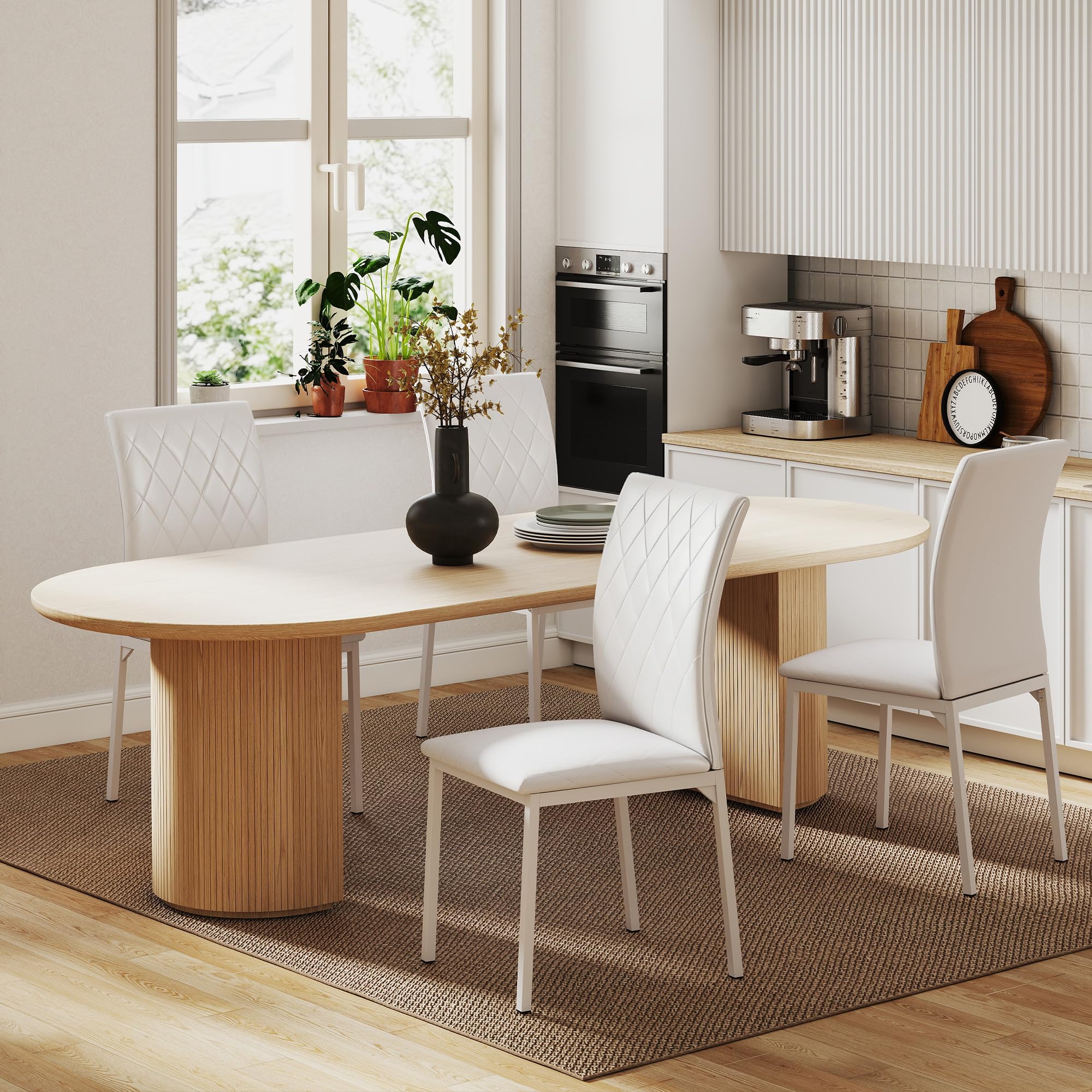 HOMCOM Lot de 4 Chaises de Salle à Manger Modernes, Rembourrées Blanc | Chaises de Cuisine, Capitonnage Rhombique, Pieds en Métal, pour Salon, Maison