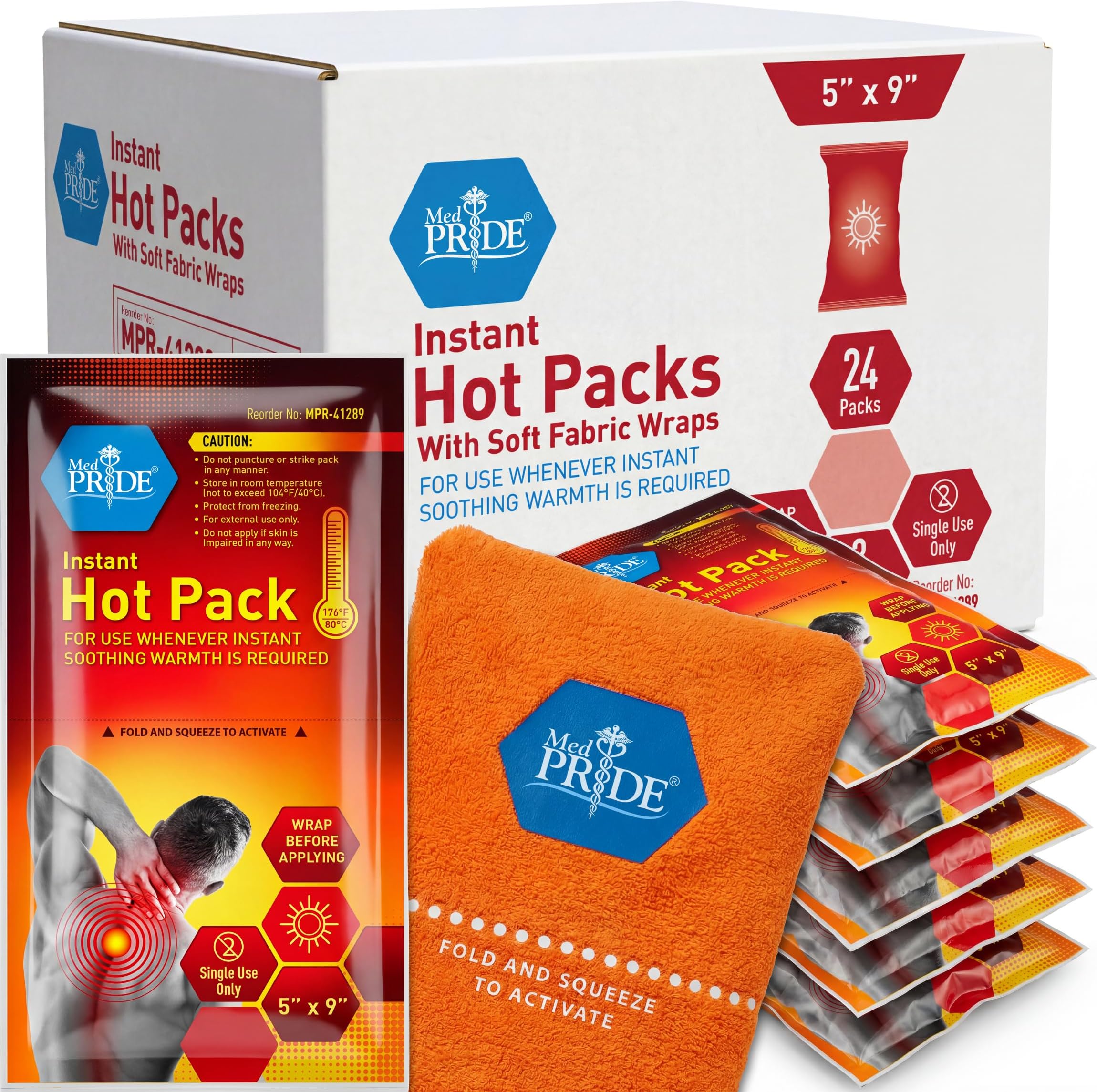 MED PRIDE Instant Hot Packs Disposable for Pain Relief, Activates Instantly, 5in X 9in (24-Pack), Includes 3 Fabric Wraps