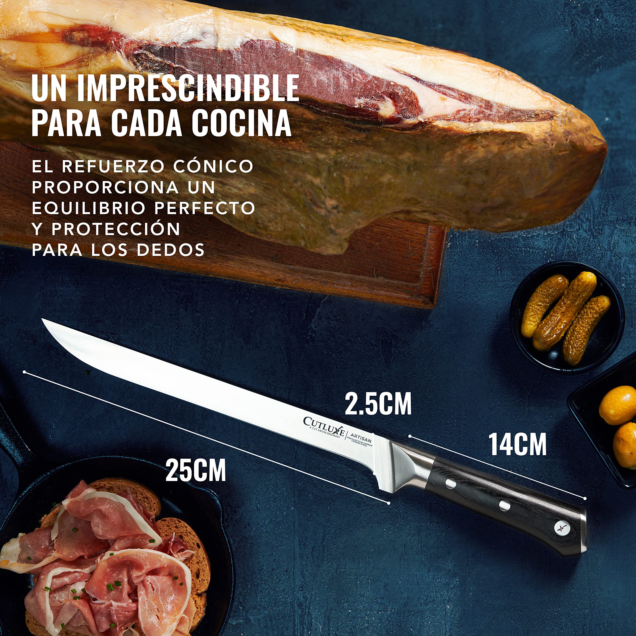 Cutluxe Cuchillo Jamonero - 25cm Cuchillo para Jamón, Cortador de Carne y BBQ - Acero Alemán Afilado a la Perfección - Diseño Ergonómico y de Mango Completo - Serie Artisan