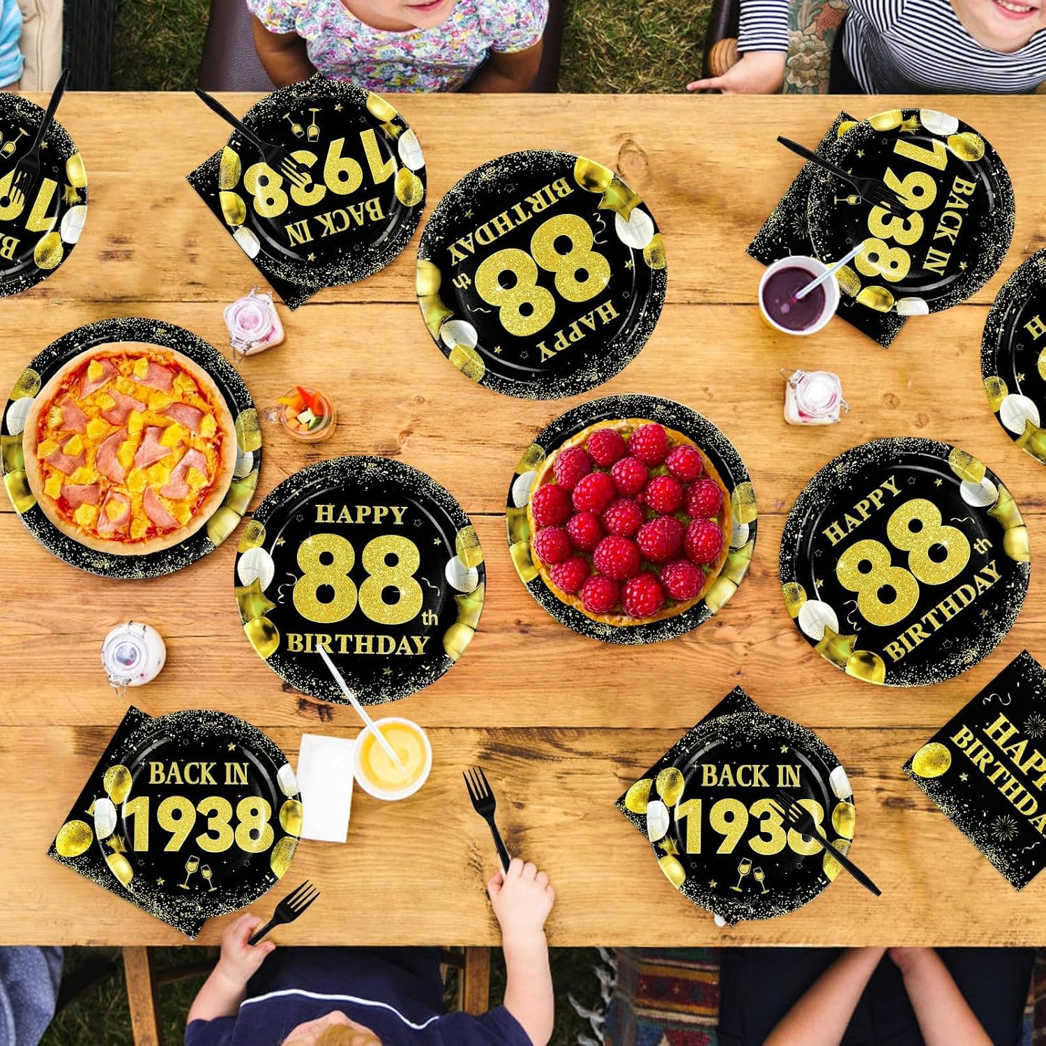 96Pcs 88th Birthday Decorations for Men Women Black Gold 88th Birthday Party Plates Back In 1938 Disposable 88 Paper Tableware Set for Happy 88 Year Old Party Supplies Serves 24