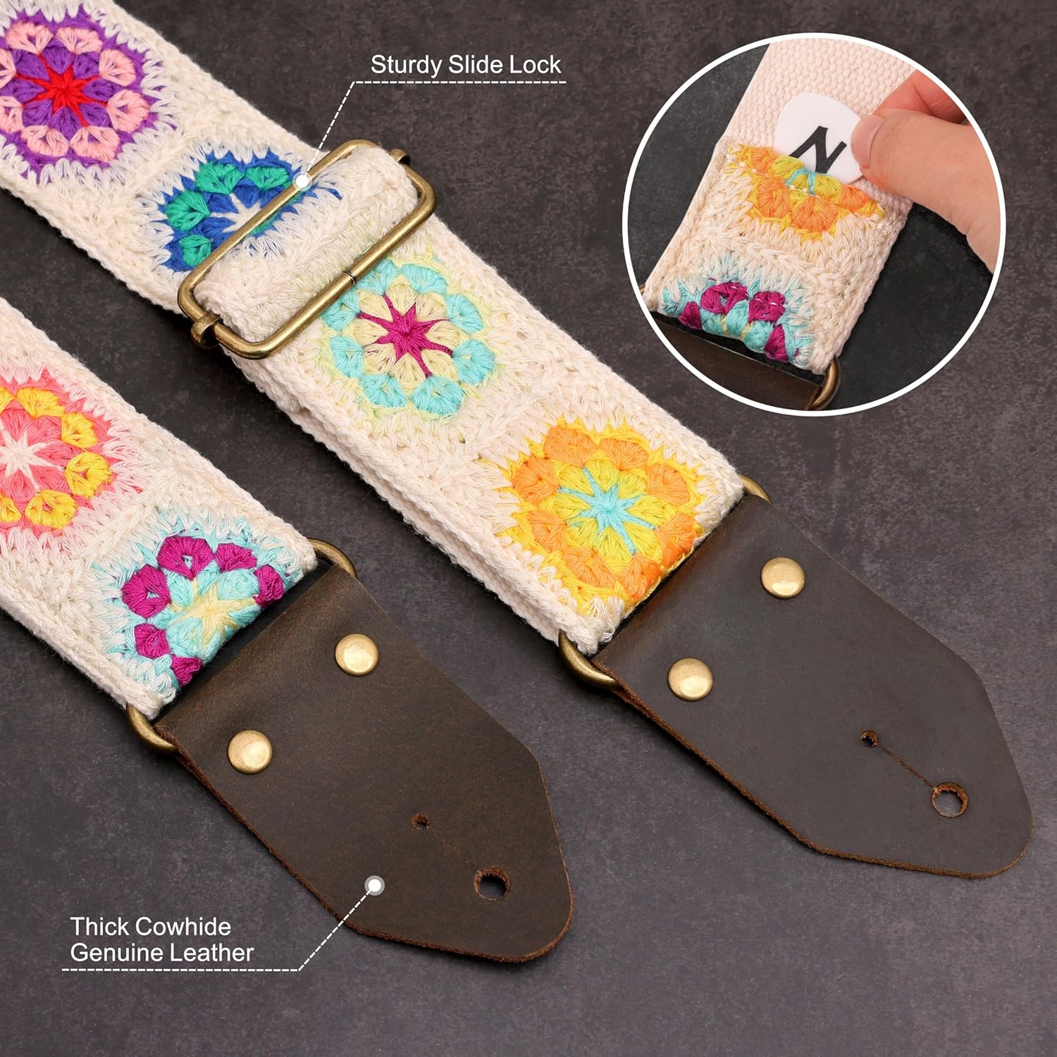 Nefelibata Guitar Strap,Crazy Horse Leather Jacquard Embroidery Cotton Guitar Straps for Bass, Electric & Acoustic, Best Gifts for Guitarists(Retro White Multi Flower)