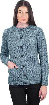 SAOL 100% Merino Wool Ladies Irish Buttons Knit Cardigan Lumber Jacket with Pockets
