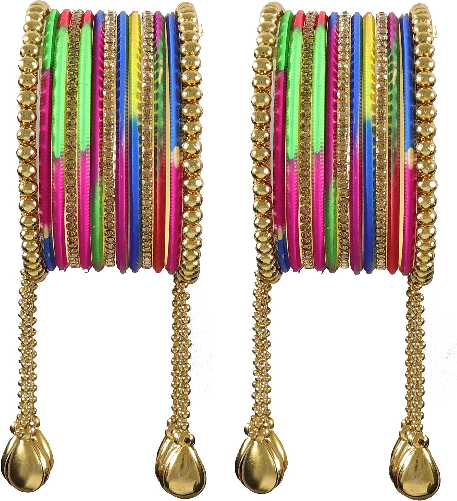 NMIIMetal Base Metal Zircon Gemstone Studded Matte and Glossy Finished BallChain Linked Latkan Bangle set for Women and Girls, (Pack Of 26 Bangle set)