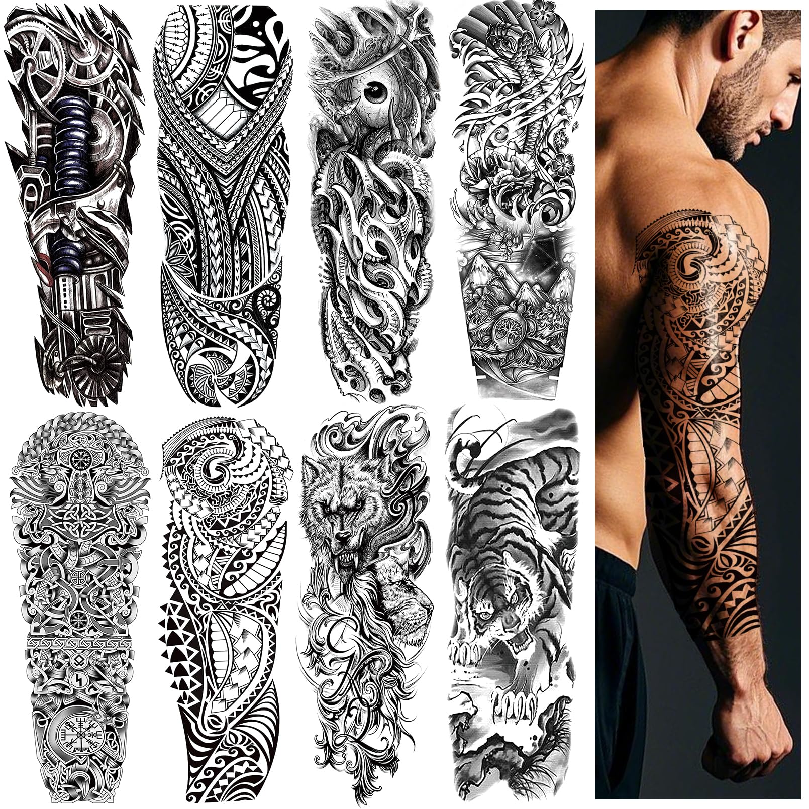 VERKSTAD 8 Sheets Full Arm Black Scary Temporary Tattoos for Men Adults, Temp Millitary Tattoos Sleeve For Women, Waterproof Totem Body Arm Chest