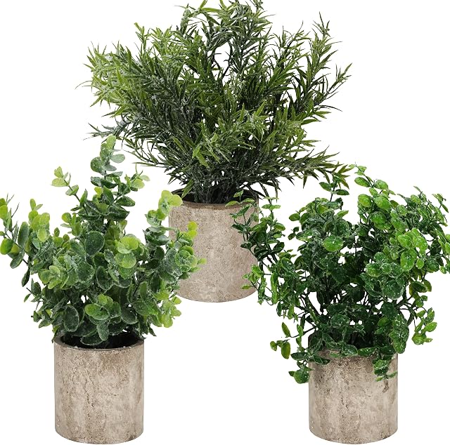 BELLE VOUS 3 Pack Potted Artificial Eucalyptus Plants - Small Faux Plastic Greenery In Pots - Fake Indoor Plants for Office Desk, Home, Kitchen, Garden, Table & Bathroom/Shower Room Decoration