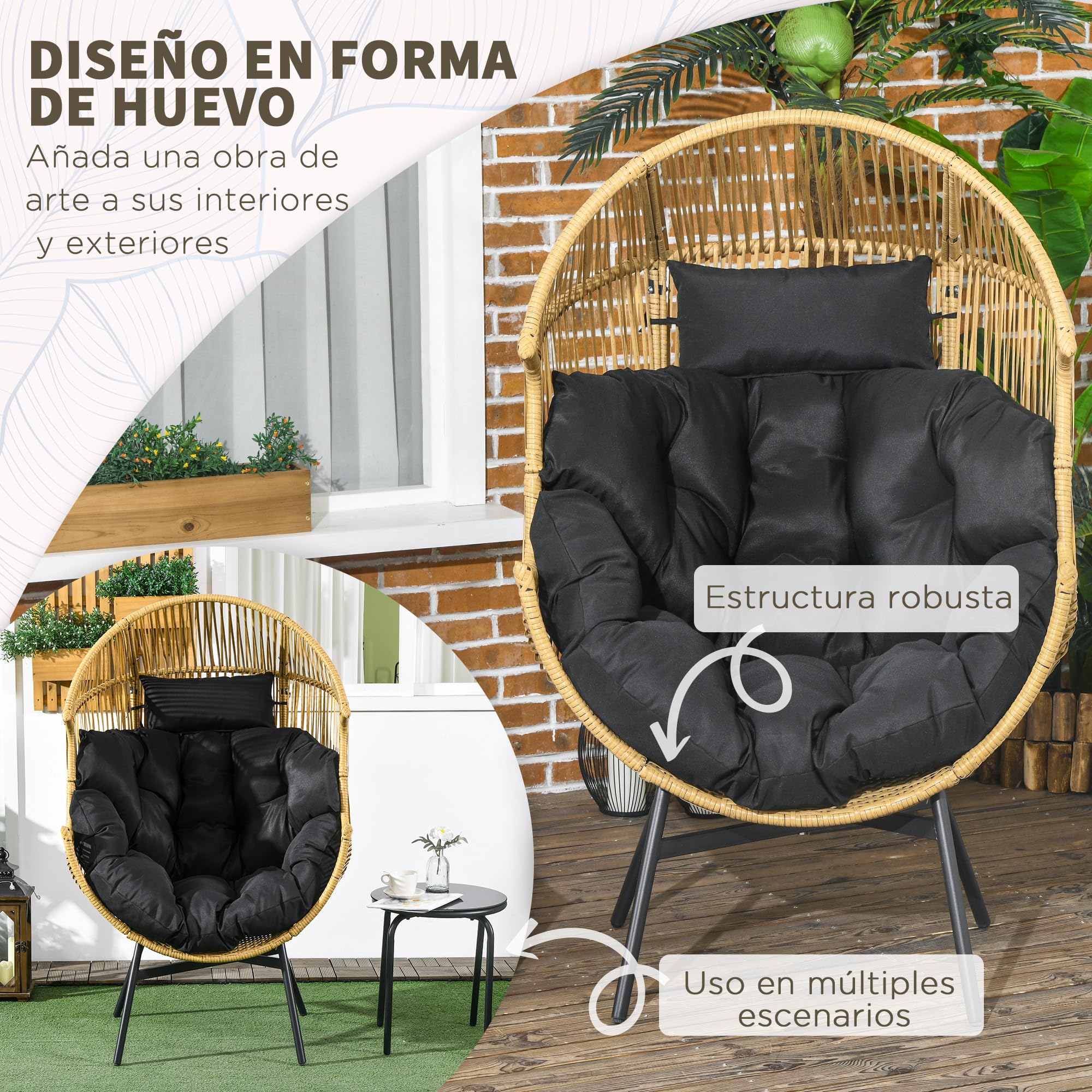Outsunny Sillón de Ratán Sintético Silla de Terraza en Forma de Huevo con Reposacabezas Acolchado Cojín y Marco de Acero para Jardín Balcón 89x75x143 cm Arena y Negro
