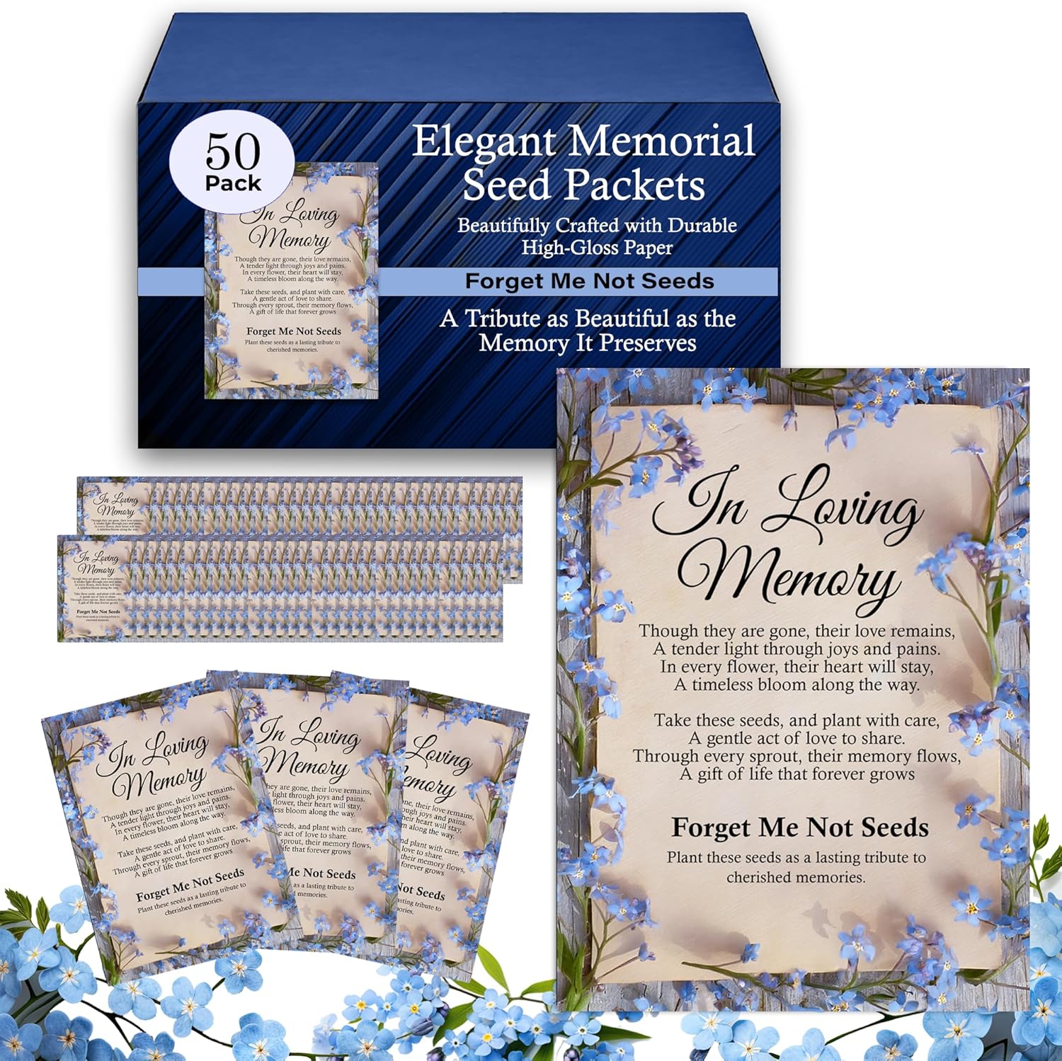 50pc Blue Premium Pre-Filled Forget Me Not Seeds Packets Favors for Funerals, Funeral Decorations, Celebration of Life Decorations, Celebration of Life Ideas, Memorial Cards (50)