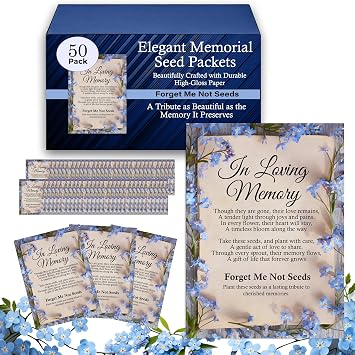 50pc Blue Premium Pre-Filled Forget Me Not Seeds Packets Favors for Funerals, Funeral Decorations, Celebration of Life Decorations, Celebration of Life Ideas, Memorial Cards 50