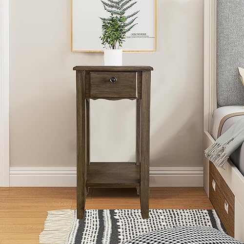 Mesa auxiliar estrecha pequeña con cajón y estante de madera sólida para sofá, mesa auxiliar delgada para mesita de noche para espacios pequeños,