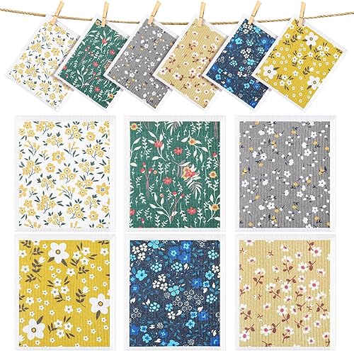 CHENGU 6 paños de cocina suecos, paños de cocina absorbentes de secado rápido, reutilizables, pequeños trapos de limpieza para mostrador (patrones