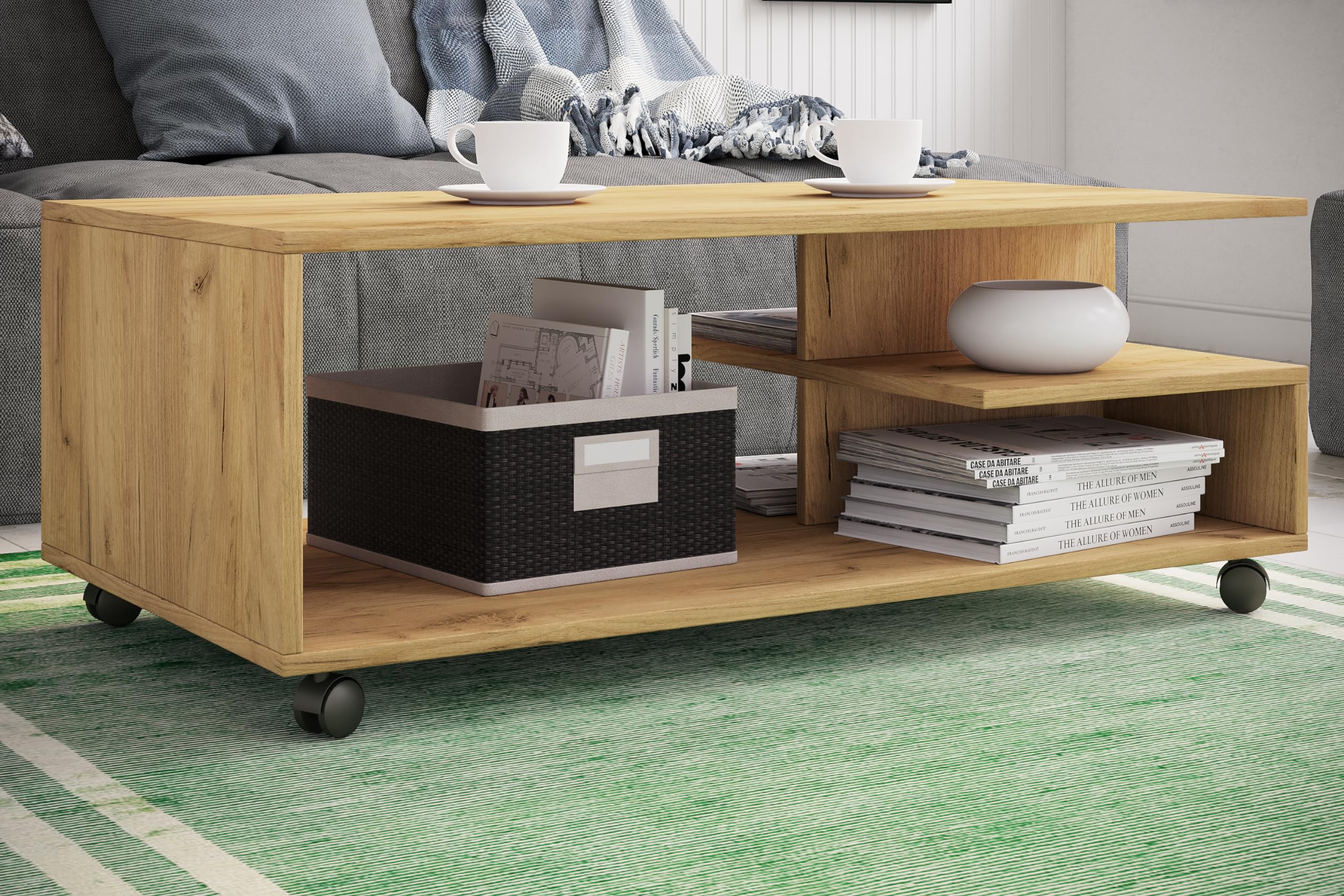 VCM Holz Couchtisch Sofatisch Wohnzimmertisch Rollen rollbar Kaffeetisch Stango XL Honig-Eiche