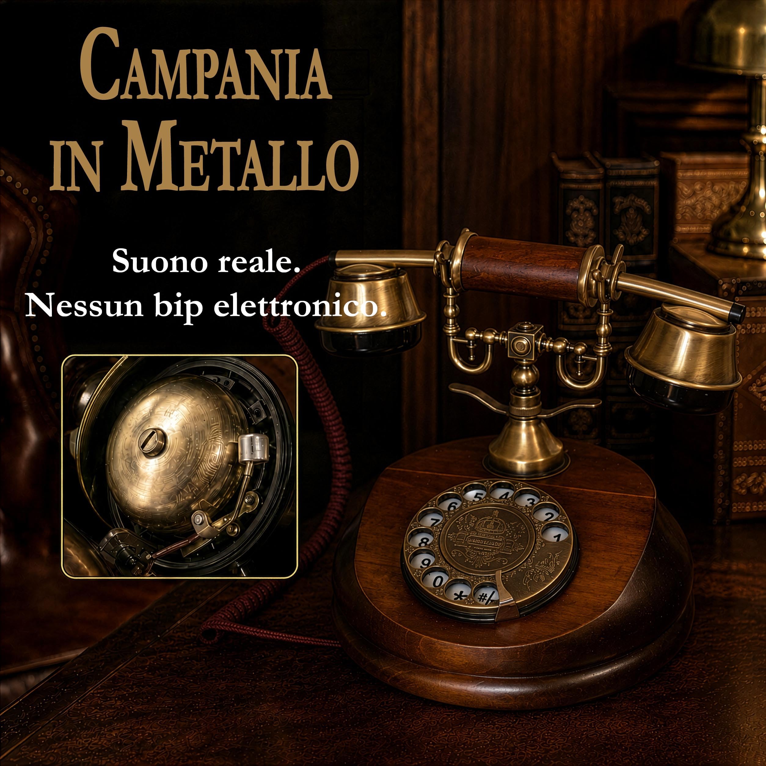 Opis Technology 1921 Cable Modello A — Telefono Fisso Vintage in Legno, Telefono Antico da Tavolo con Disco Combinatore e Campana in Metallo (Senza Bluetooth)