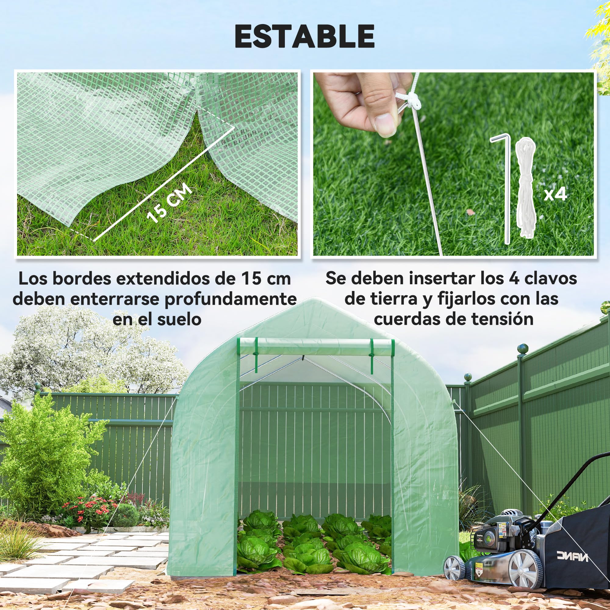 Outsunny Invernadero de Jardín 4x2x2 m Invernadero de Túnel con 6 Ventanas Transpirables y Puerta Enrollable con Cremallera Huerto para Cultivo Plantas Verduras Verde