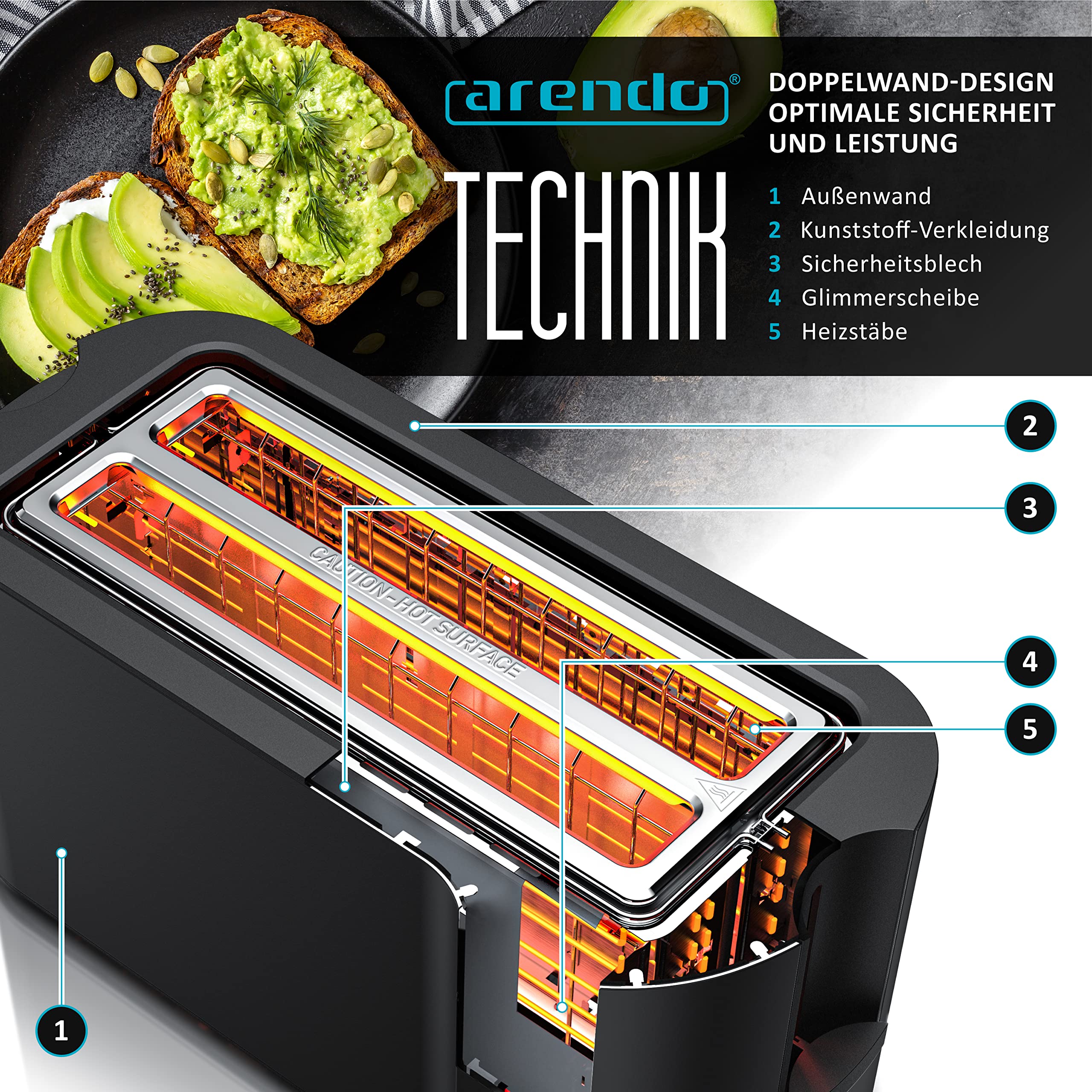 Arendo - Edelstahl Toaster Langschlitz 4 Scheiben- Touchscreen – Doppelwandgehäuse – 1500 W – Integrierter Brötchenaufsatz – 7 Bräunungsgrade – Brotzentrierung – Restzeitanzeige – Memoryfunktion