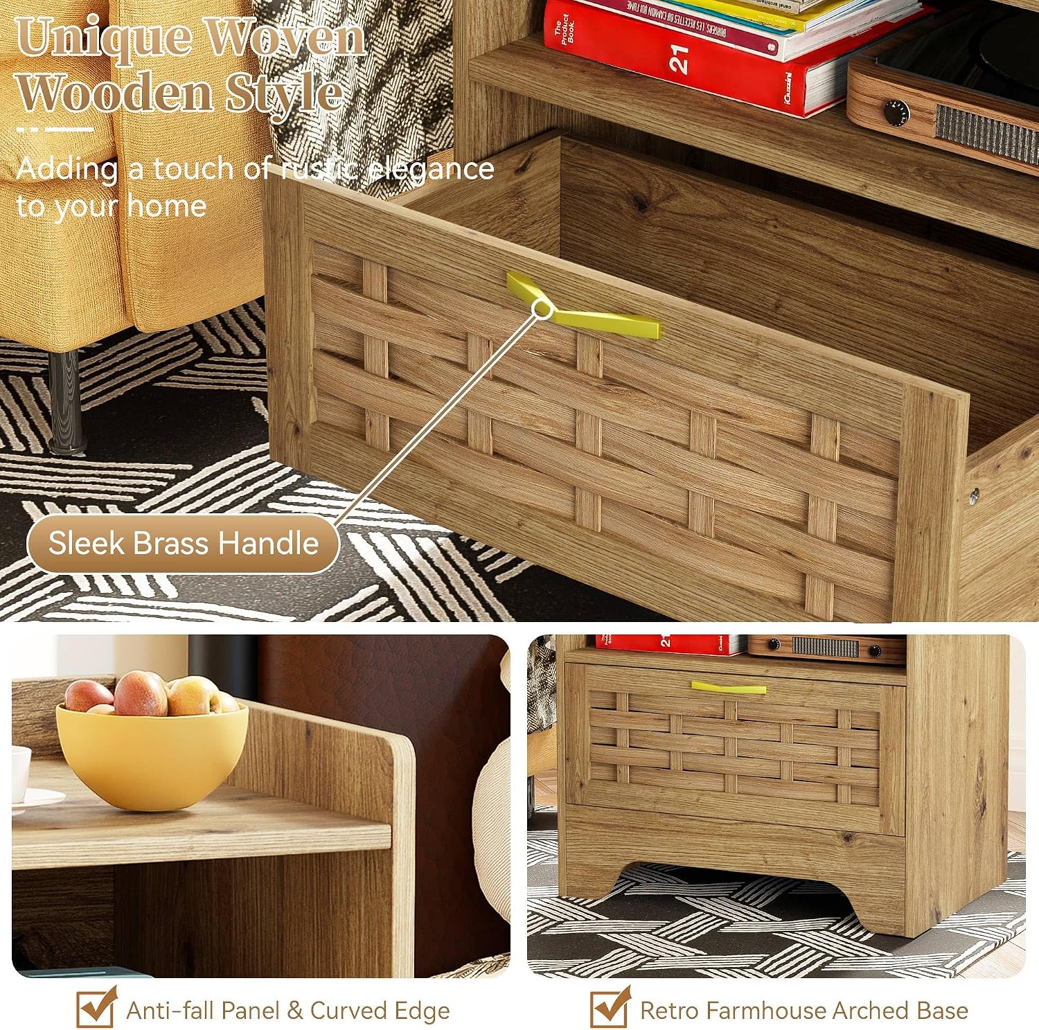 Rattan Nightstand, Boho Night Stand with 2-Tier Open Storage, Oak Bedside Table with Drawer, Bed Side End Table Dresser for Bedroom, Living Room, Hallway