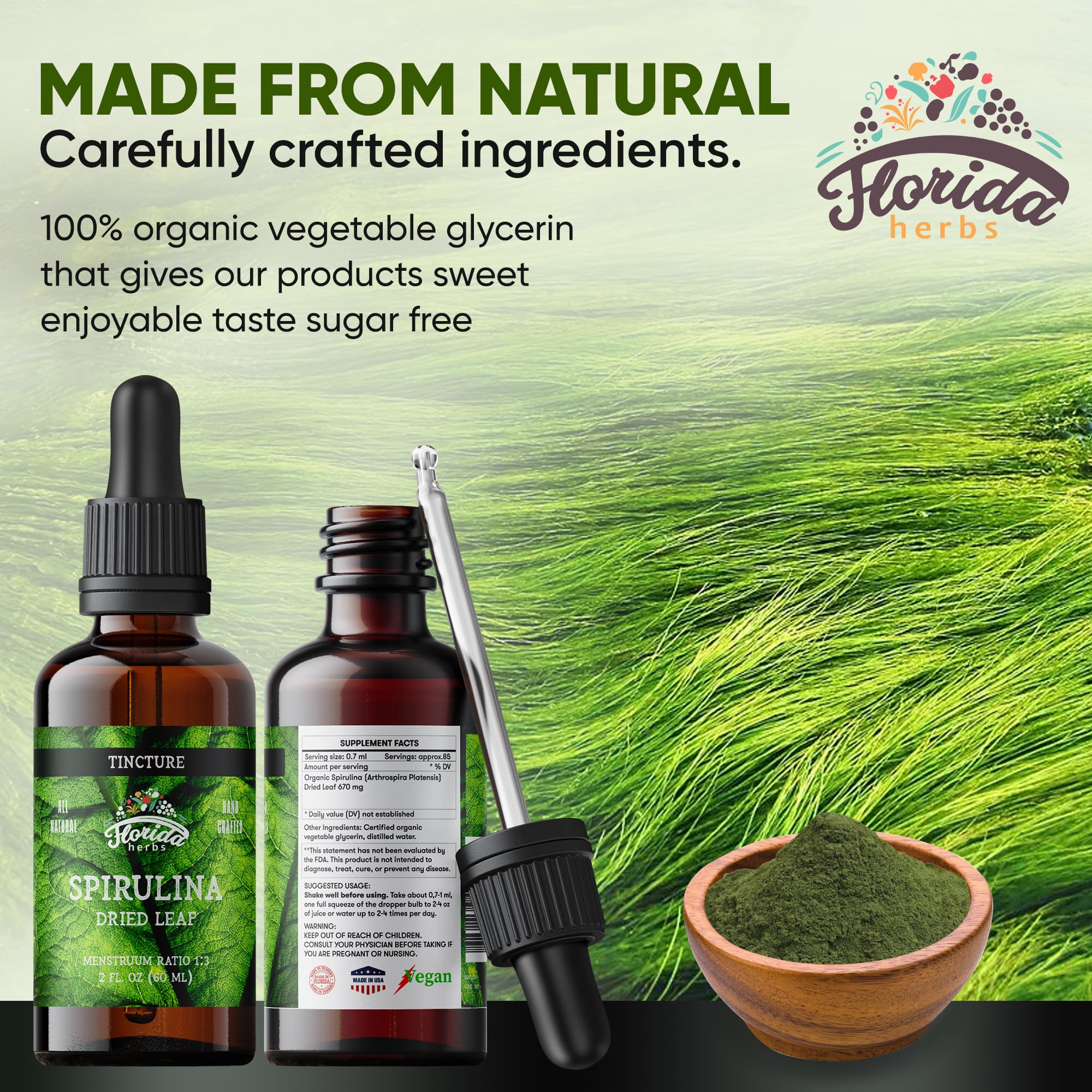 Spirulina Tincture, Organic Spirulina Extract (Arthrospira Platensis) Herbal Supplement, Non-GMO in Cold-Pressed Organic Vegetable Glycerin, 700 mg, 2 oz (60 ml) — Amazon image 3