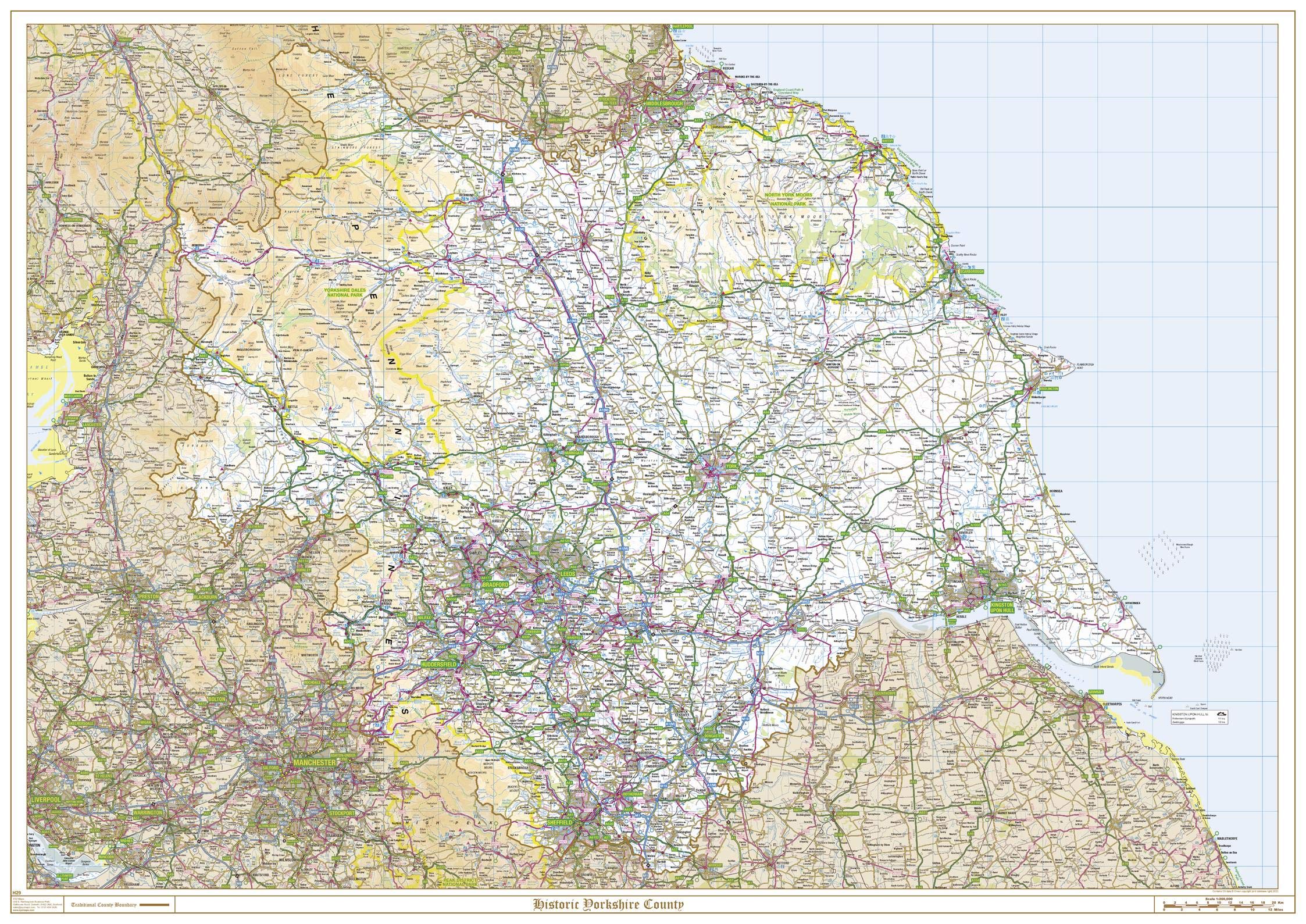 XYZ Maps Historic Yorkshire County Map - 47" x 33.25" Rolled Canvas