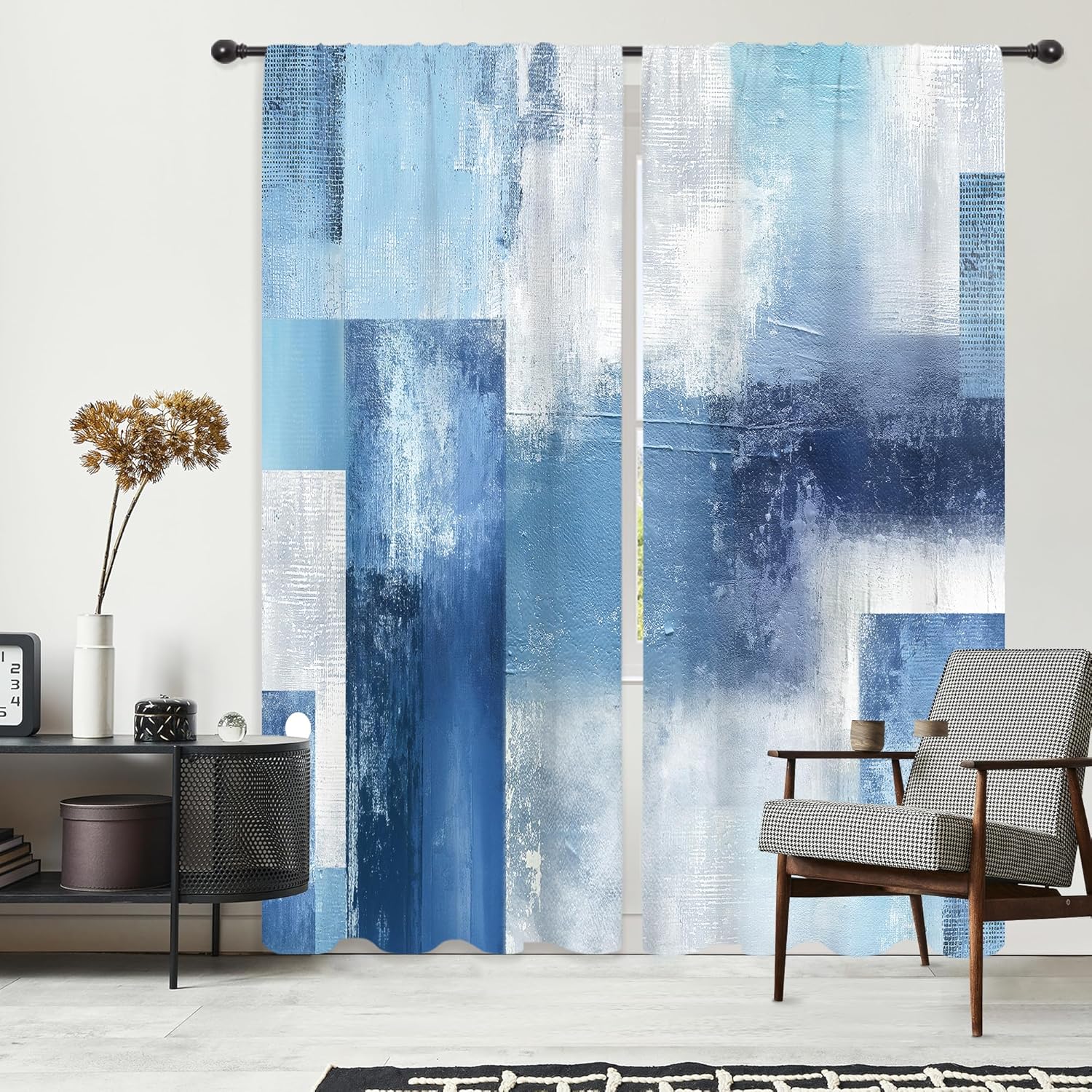 Riyidecor Navy Blue Abstract Modern Curtains Contemporary Cool Mens Rustic Contemporary Aesthetic Oil Painting Boys Teens Brown Rod Pocket Bedroom Living Room Treatment Fabric 2 Panels 52Wx84H Inch