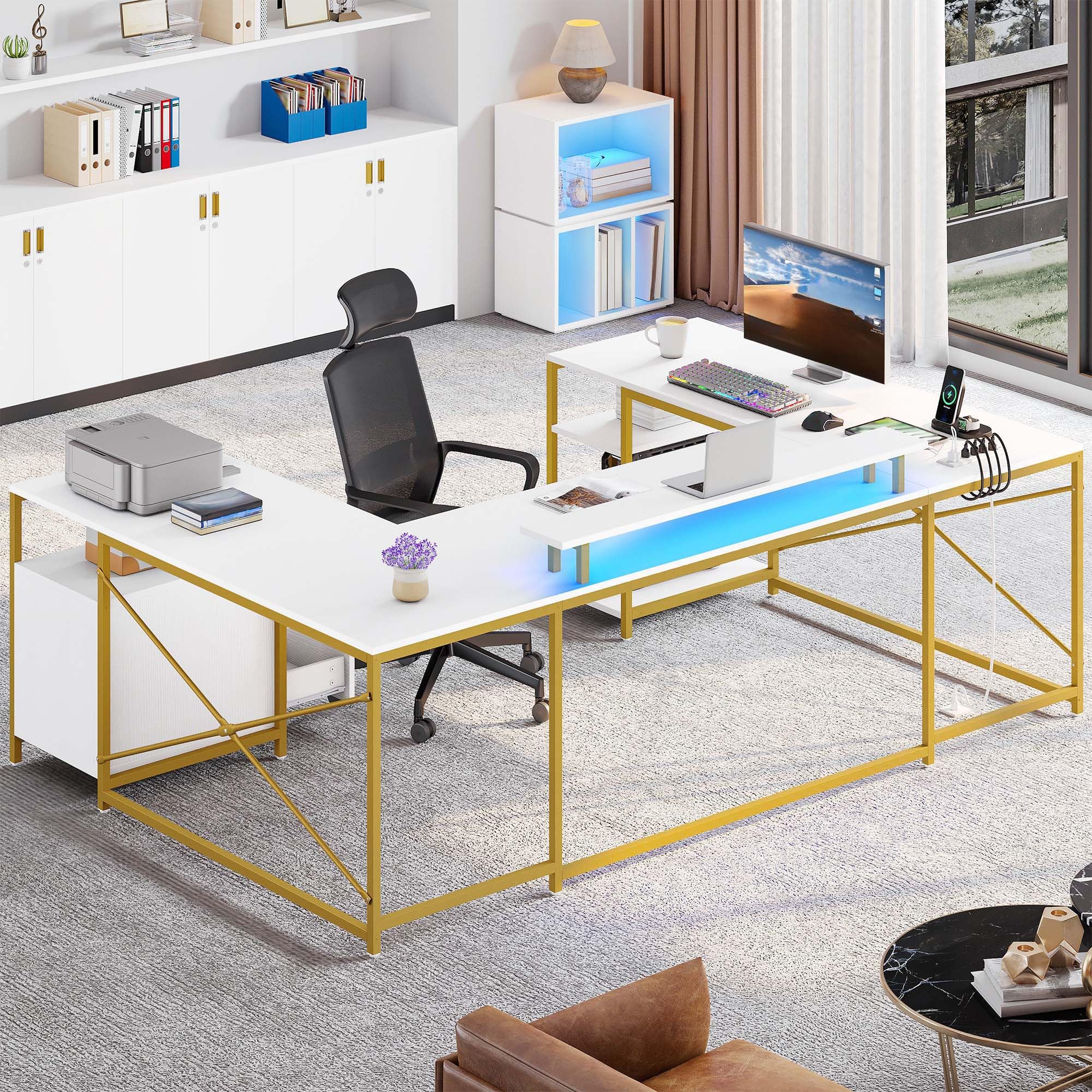 Amazon | YITAHOME U字デスク コンセント&LEDライト付き 79インチ