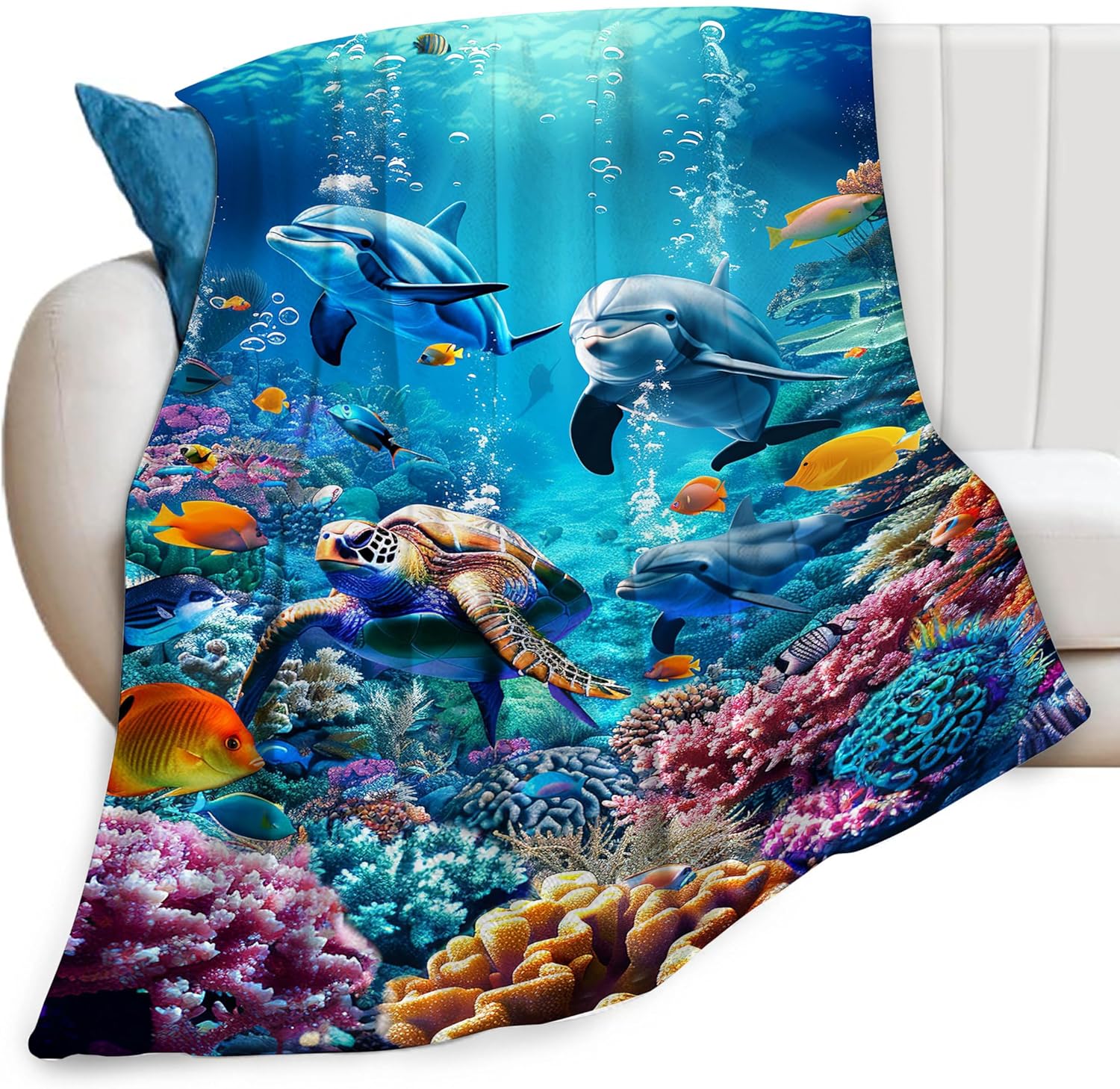 Ocean Sea Turtle Dolphin Throw Blanket Fish Animal Blue Print Blankets Gifts for Couch Sofa Bed Stuff Decor Soft Cozy Fleece Plush Flannel Bedding for Lover Men Women Boys Girls Adults 50"x60"