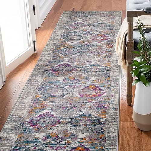 Leick Home 594101 Laraline Runner - Alfombra vintage de medallón turco con collage de medallón turquesa desteñido, para sala de estar y dormitorio,
